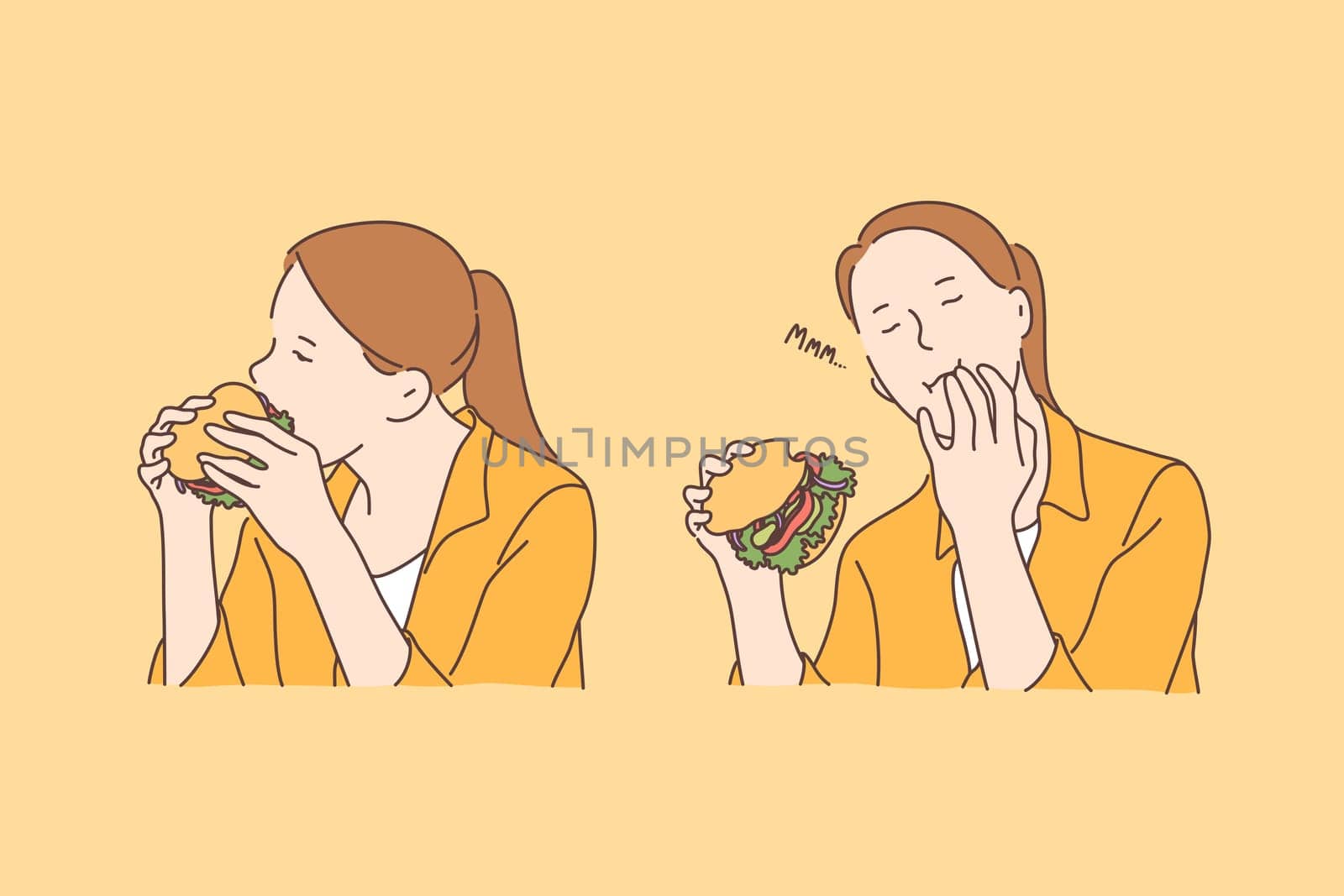 Fastfood, addiction, nutrition set concept. Young happy woman enjoys hamburger and addicted to fastfood. Girl loves unhealthy nutrition. Fastfood often causes problems with health. Simple flat vector