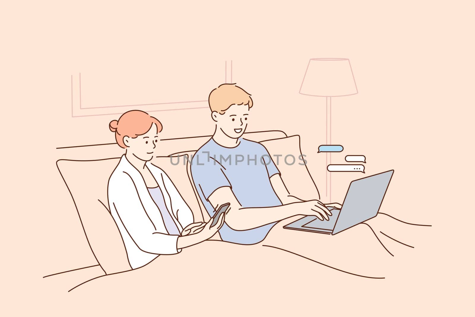 Technologies, addiction to internet, relaxing with gadgets at home concept. Young positive couple cartoon characters staying in bed and using their mobile electronic devices laptop smartphone together