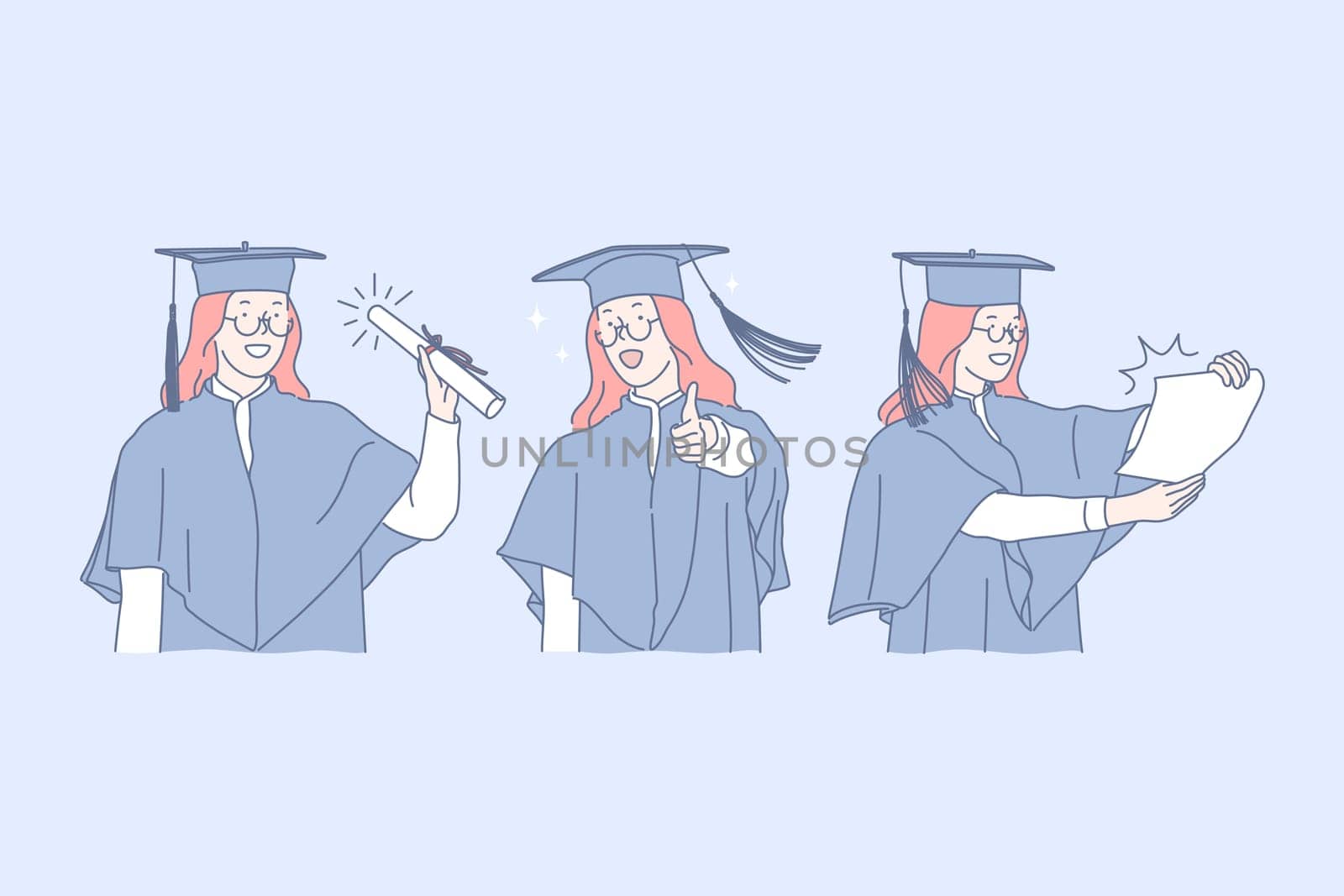 Education, graduation, success set concept. Young successful girl has just finished her education process and has got diploma. Graduation from univercity is exciting moment in life. Simple flat vector