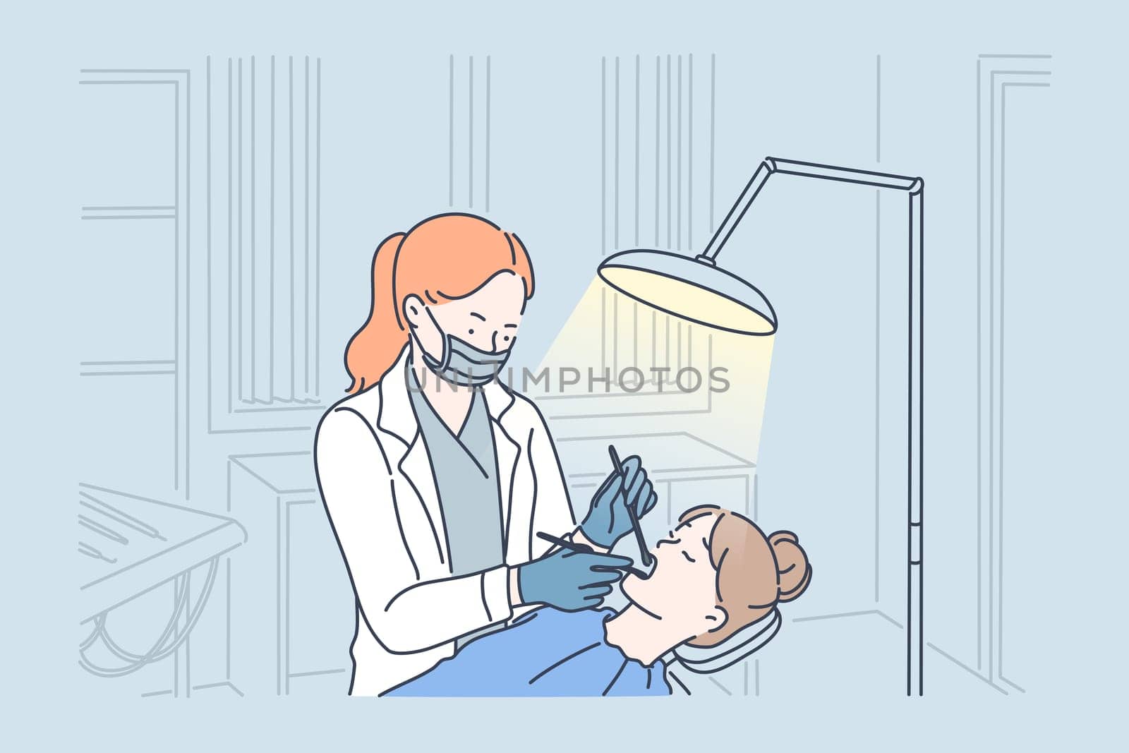 Teeth examination and dentistry checkup concept. Dentist woman holding instruments and examining girl teeth looking inside mouth. Patient lying down in dental chair.
