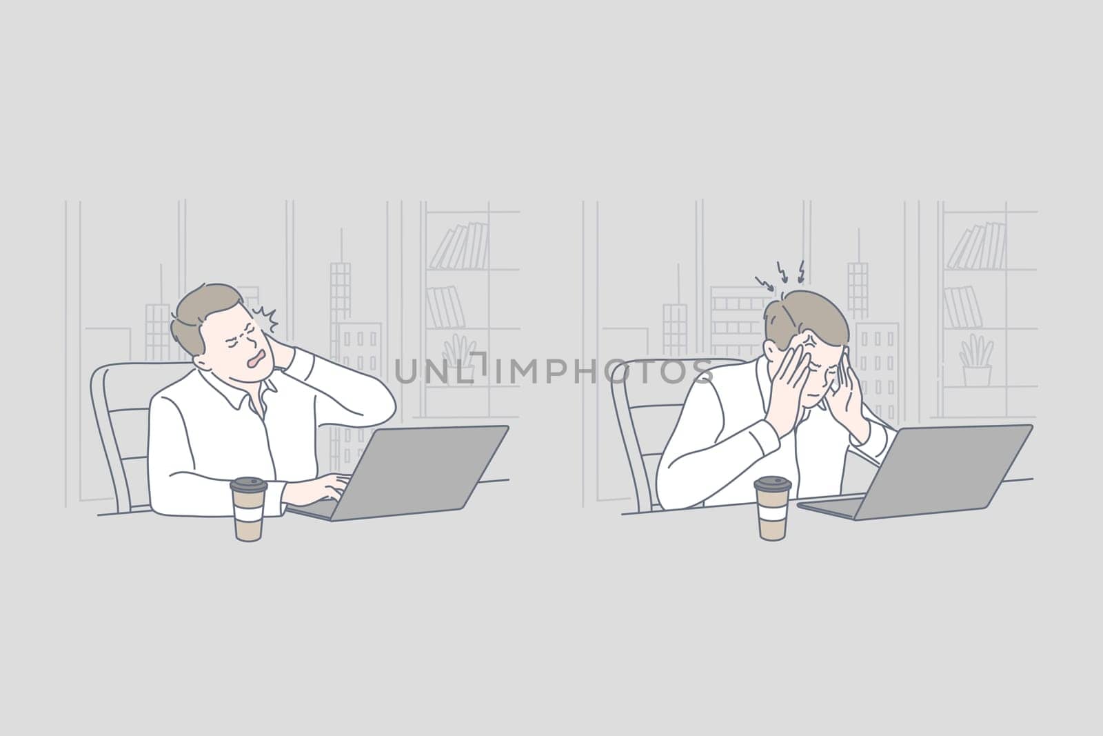 Business, stress, work, problem set concept. Young tired exhaused businessman has serious problem on work and tries to find solution. Overworking causes raise of stress level. Simple flat vector