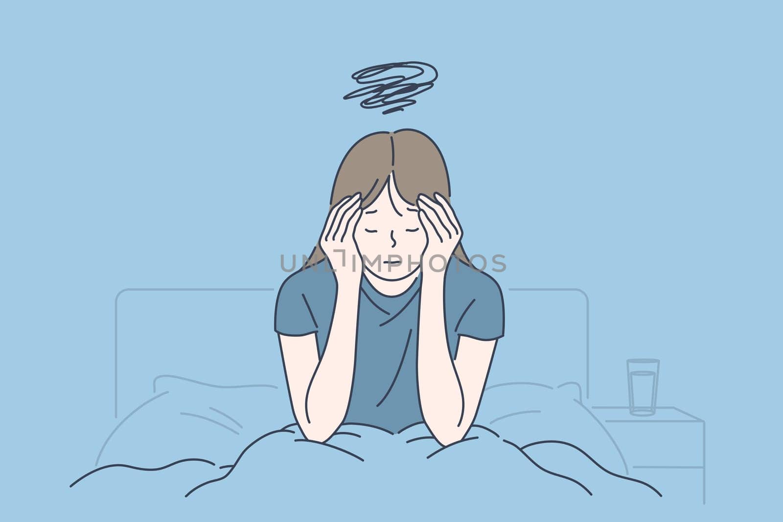 Morning migraine, chronic fatigue and nervous tension, stress or flu symptom, hard to wake up concept. Young woman with strong headache, tired and exhausted girl holding head. Simple flat vector