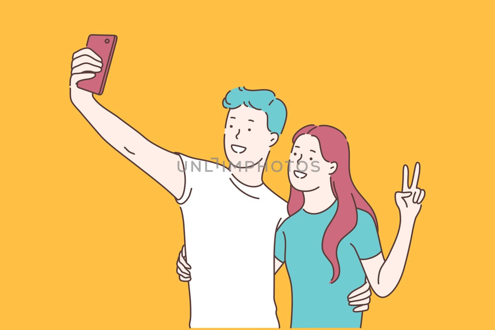 Youth lifestyle, blogging and teenage social activity concept. Couple taking selfie together, teenager making self portrait, happy boyfriend and girlfriend spending time together. Simple flat vector