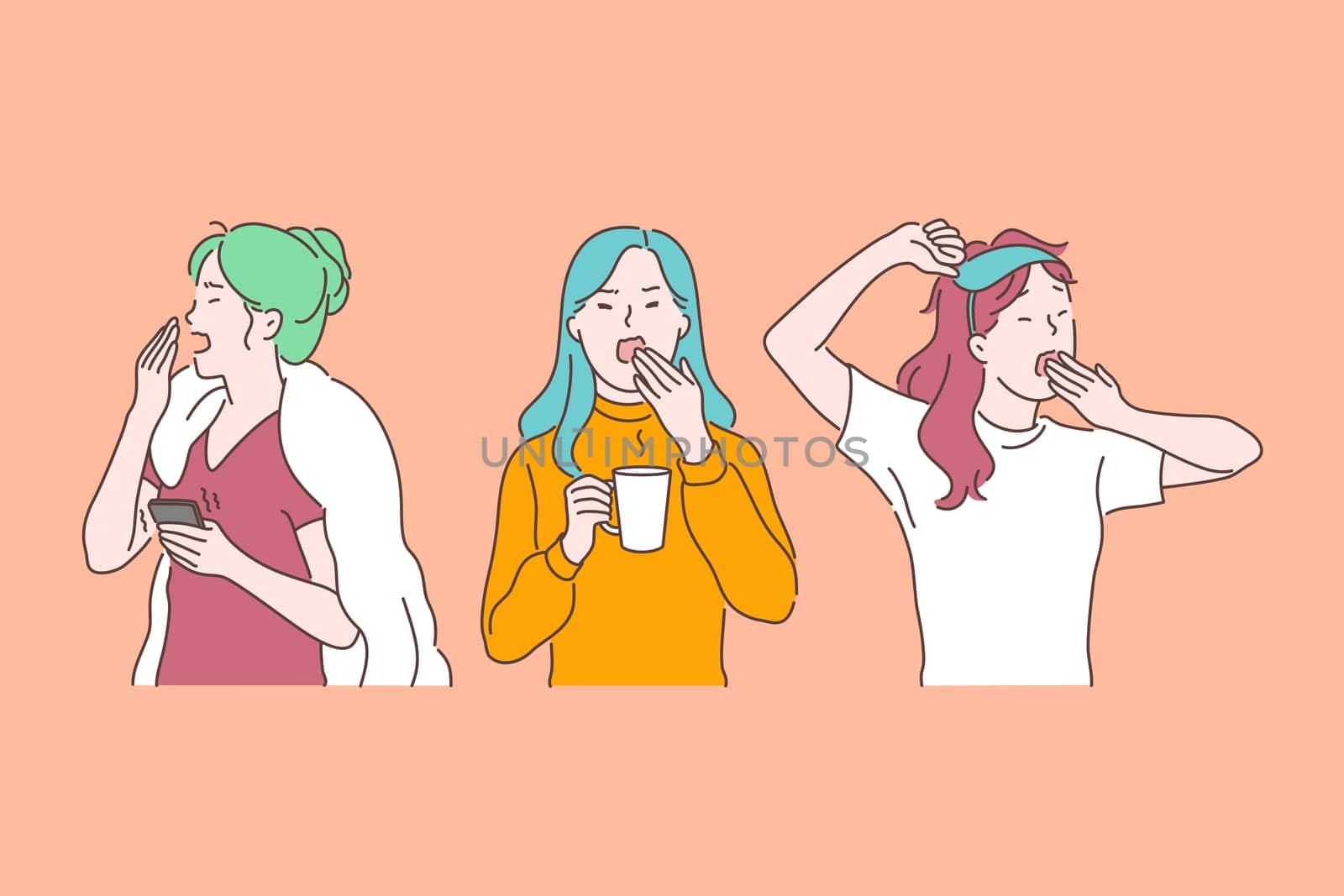 Drowsiness, morning fatigue and chronic exhaustion, feeling tired, burnout signs concept. Yawning drowsy young women with tiredness and overload, depression symptom. Simple flat vector