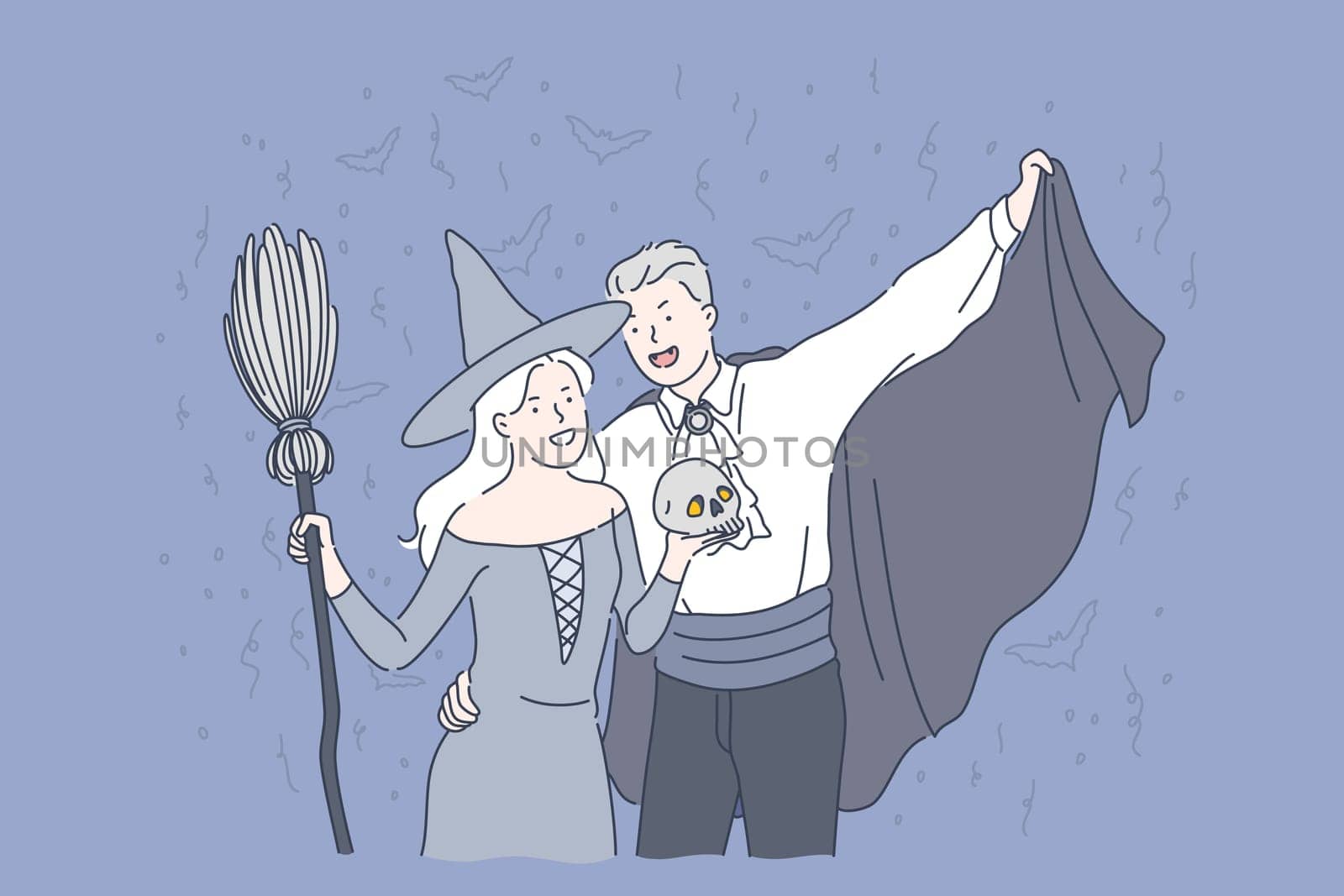 Halloween party concept. A young guy and a girl dressed as a witch and a vampire, holding a broom and a cloak. Simple flat vector.