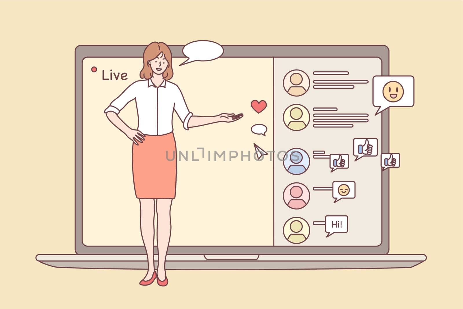 Online meeting, Live streaming event, remote activity concept. Young positive female character reporter performing in front of laptop camera and screen and chatting online vector illustration