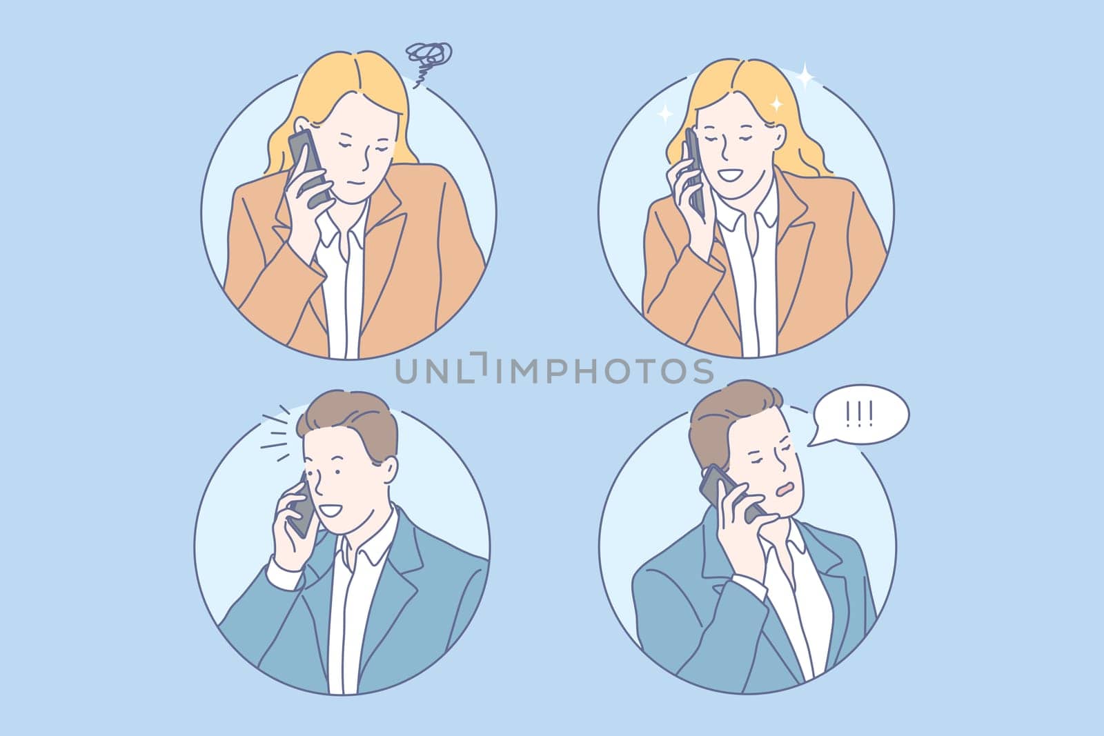 Communication, negotiation, good news, bad news set concept. Young business man got good news. Young businesswoman got bad news. Boy and girl communicate, negotiate with each other. Simple flat vector