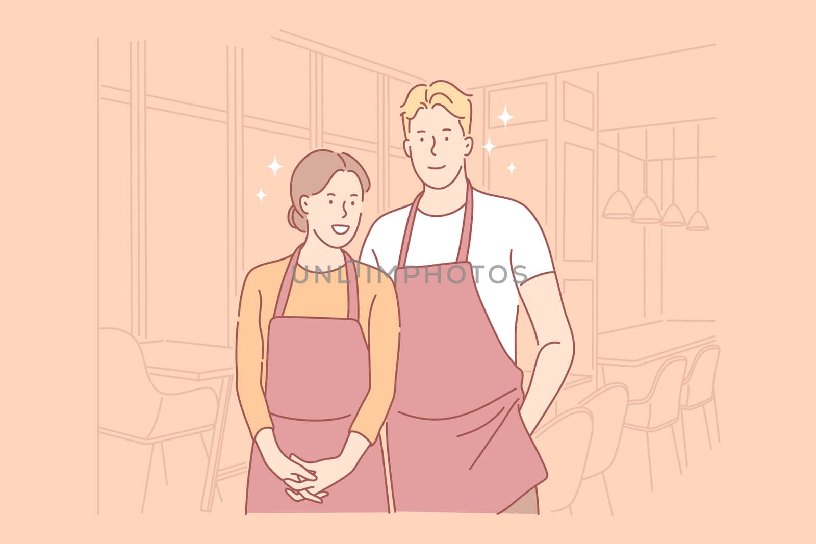 Catering workers concept. Waiter and waitress wearing uniform with aprons, preparing banquets, serving food in restaurant, cafe, cafeteria, profession, occupation, job. Simple flat vector