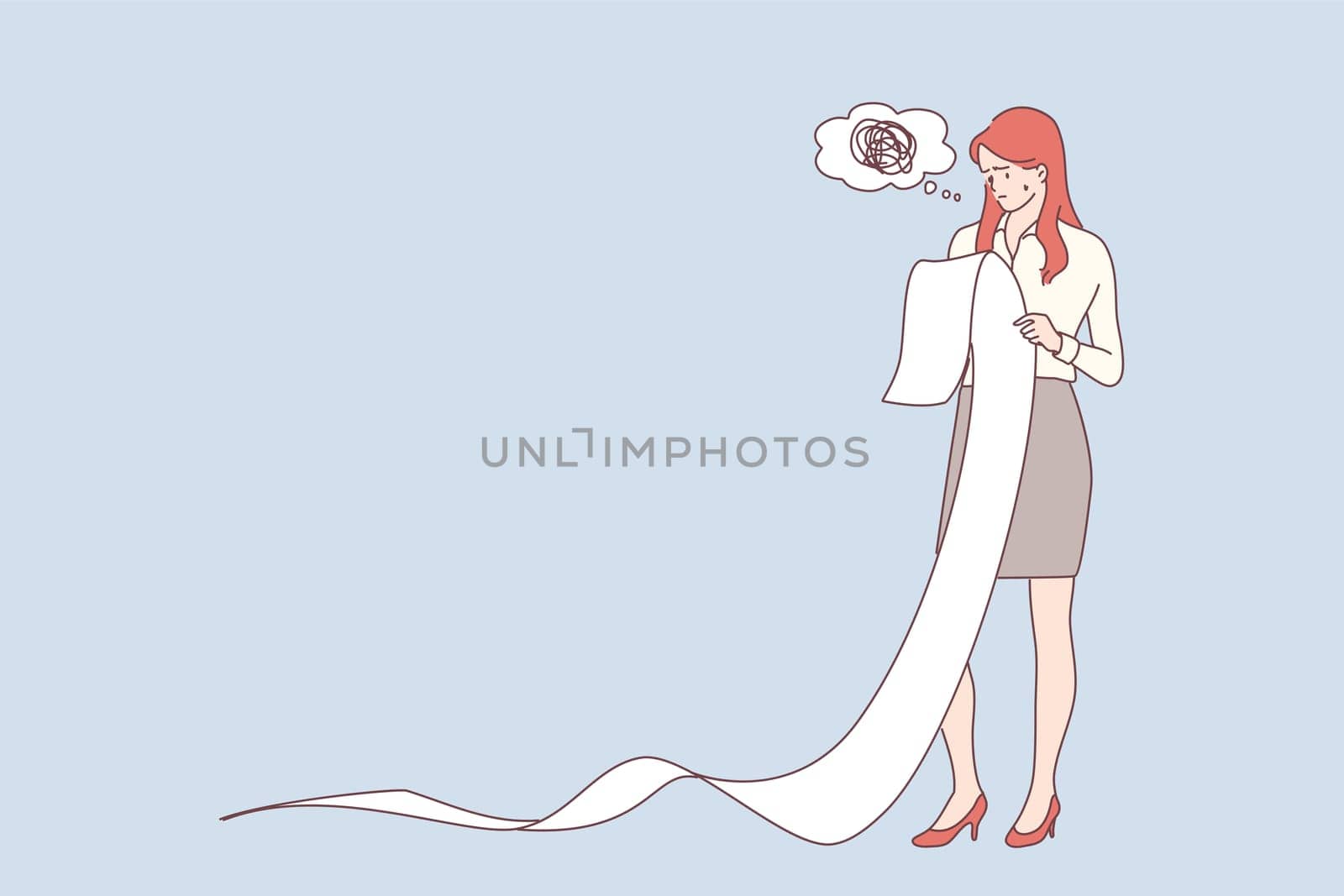 Payment, giant bill and costs, frustration on work concept. Sad young business woman holding big task list, paper document, shopping bill, tax invoice and feeling stressed about price or amount