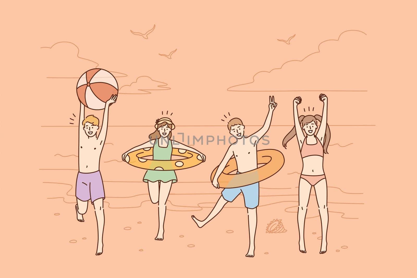 Summer vacations and activities concept. Group of happy children friends cartoon characters jumping on beach wearing swimsuits feeling excited vector illustration
