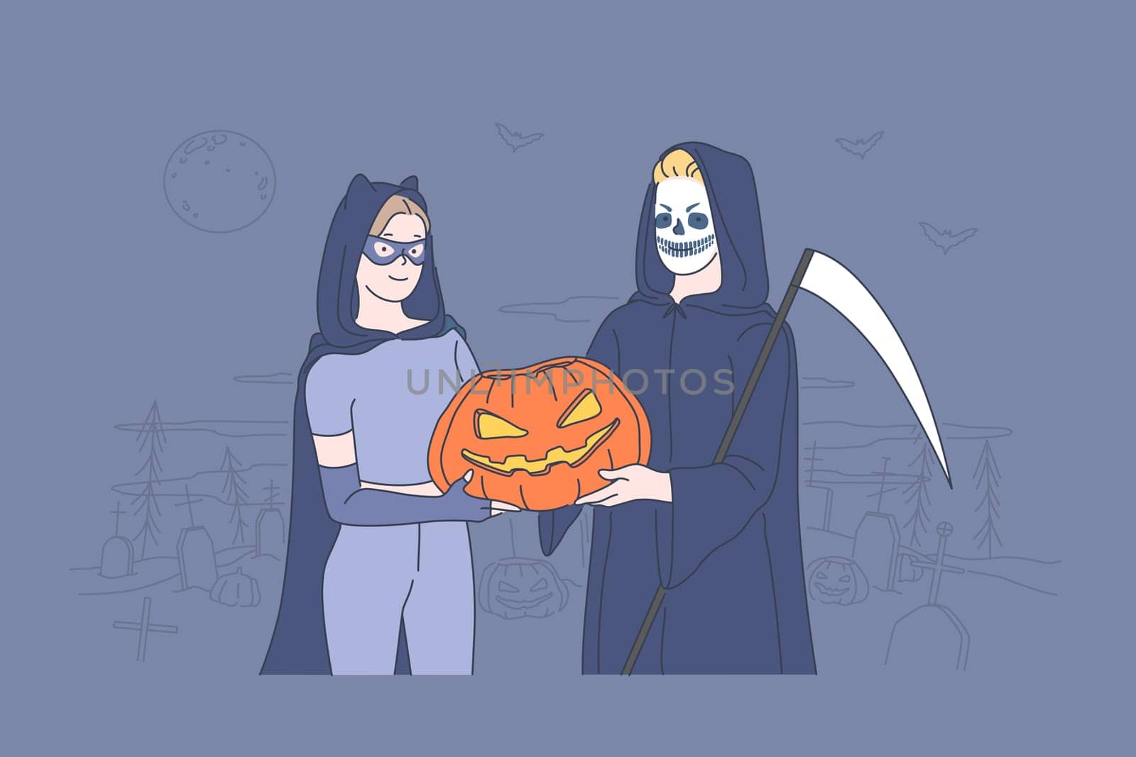 Halloween holiday celebration concept. Wonderful boy and girl in halloween costumes. Young couple in love holds pumpkin in their hands in cemetery. Simple flat vector.