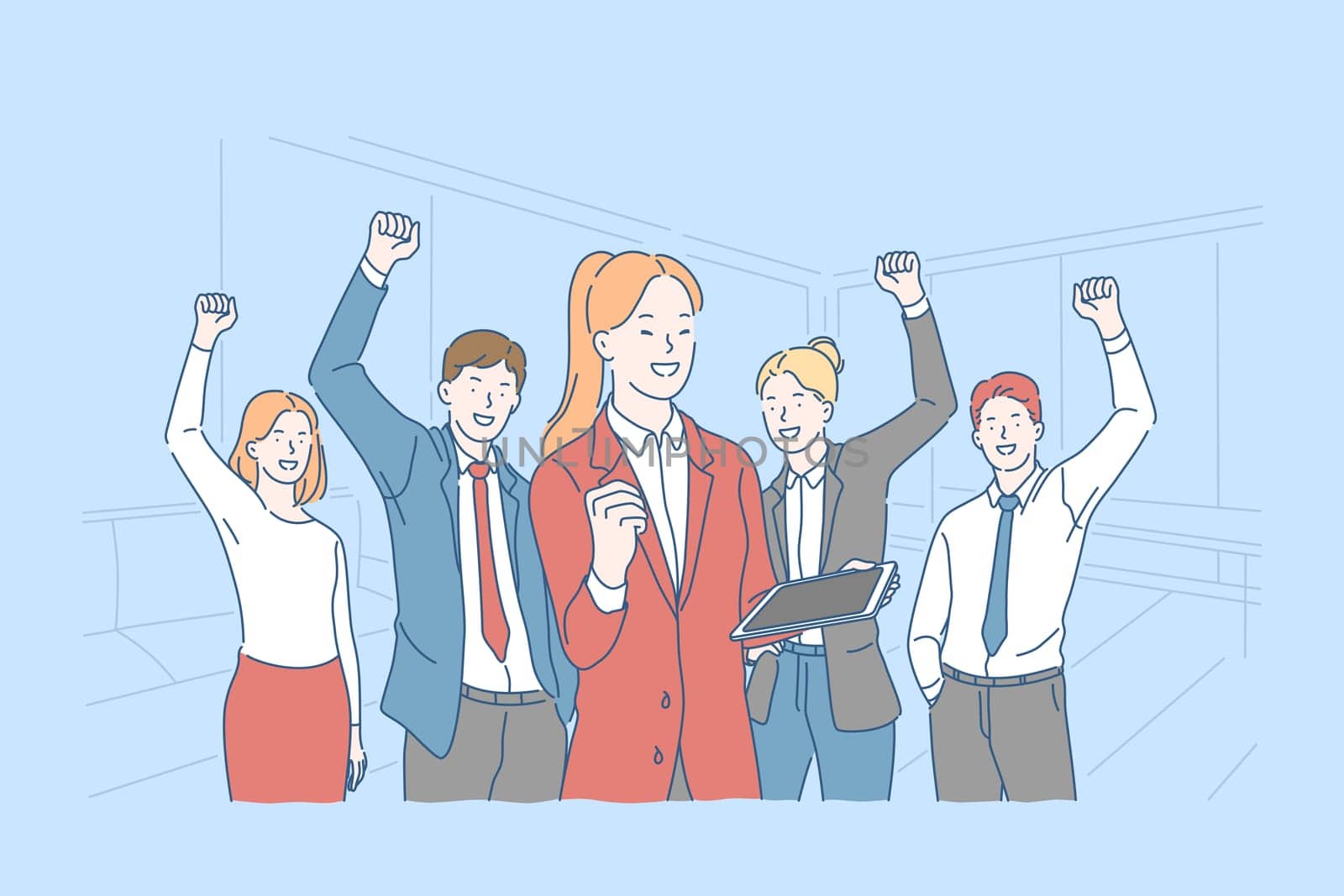 Success, motivation, teamwork concept. Happy office workers with raised hands, business people celebrating victory, professional achievement, partners collaboration. Simple flat vector