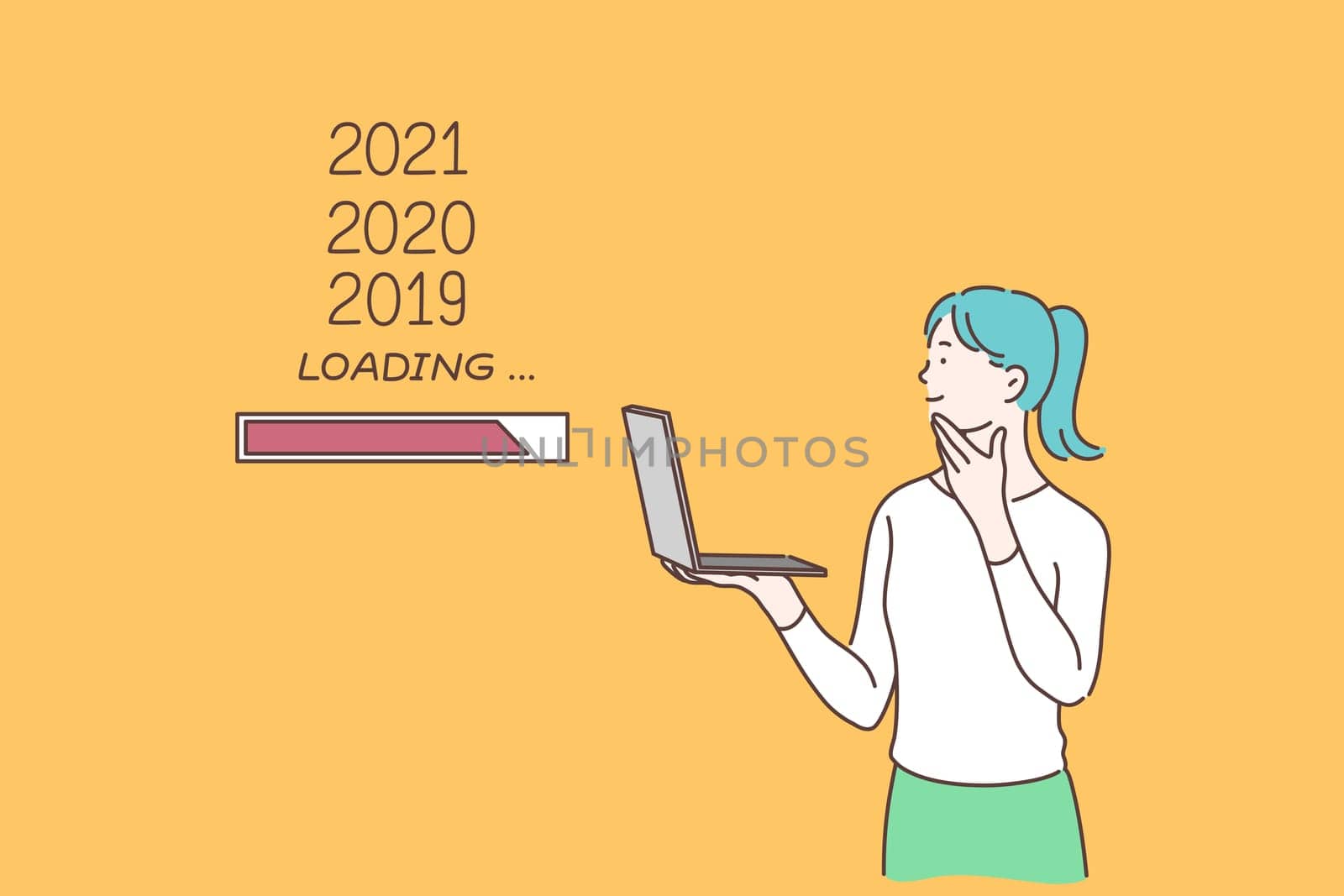 2020 New Year waiting, 2019 loading bar, planning for future, time flow concept. Girl holding laptop in hands and thinking, woman analyzing last year, preparing for winter holiday. Simple flat vector