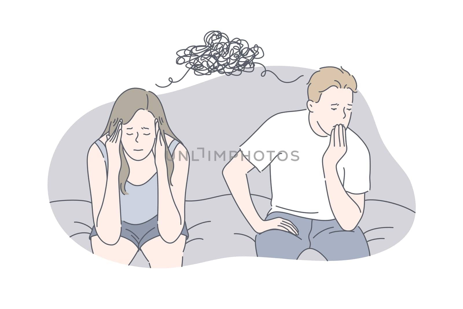 Relationship, family, problem, stress concept. Young upset stressful girlfriend and boyfriend have problem in their family. Problems in relationship may cause raise of stress level. Simple flat vector