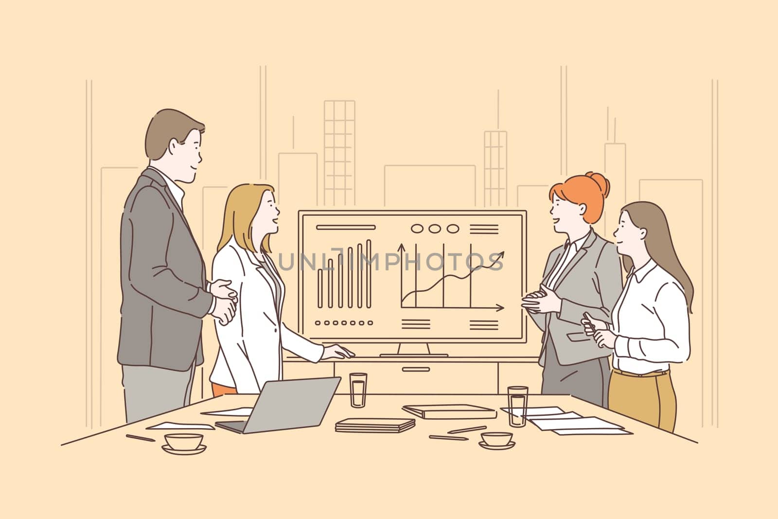 Teamwork, brainstorming meeting concept. Business presentation in conference room, office workers presenting financial statement, partners discussing project, workflow process. Simple flat vector
