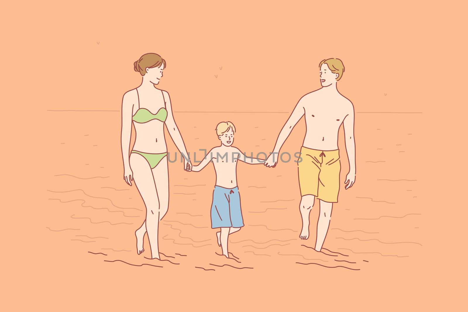 Family, vacation, love, happiness concept. Mother, father and son love spend time together. Family is walking on seashore, enjoying their vacation. Family love is true happiness. Simple flat vector