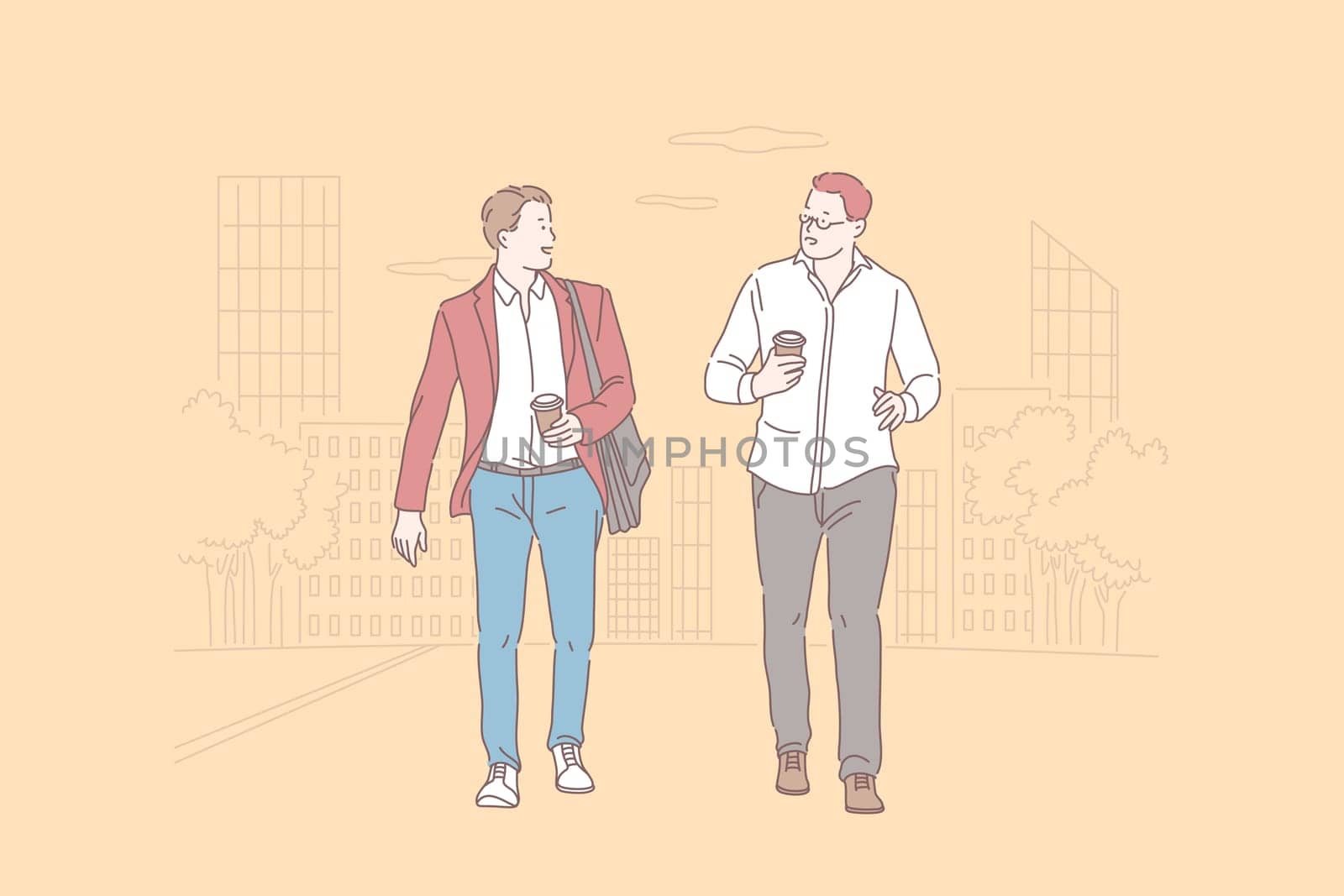 Partnership and friendship, staff cooperation concept. Business lunch, informal negotiations, businessmen walking together, coworkers discussing business at coffee break. Simple flat vector
