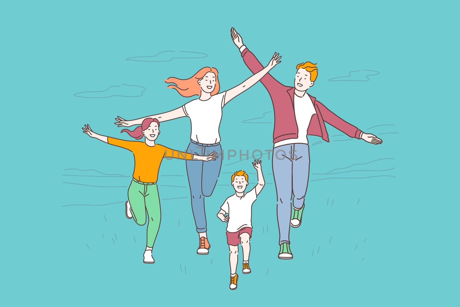 Healthy lifestyle, active recreation concept. Happy family spending time together. Active parents and children running. Mother, father and siblings jogging and having fun. Simple flat vector