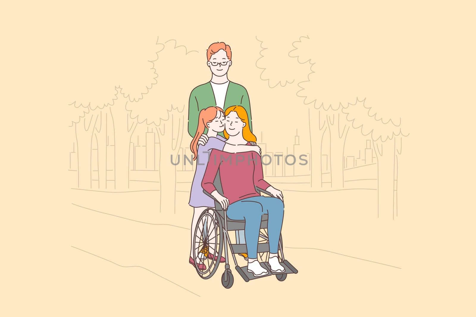 Disabled people care, love concept. Disabled woman with family in park, happy mother in wheelchair, wife walking with husband and daughter, smiling kid hugging handicapped mom. Simple flat vector