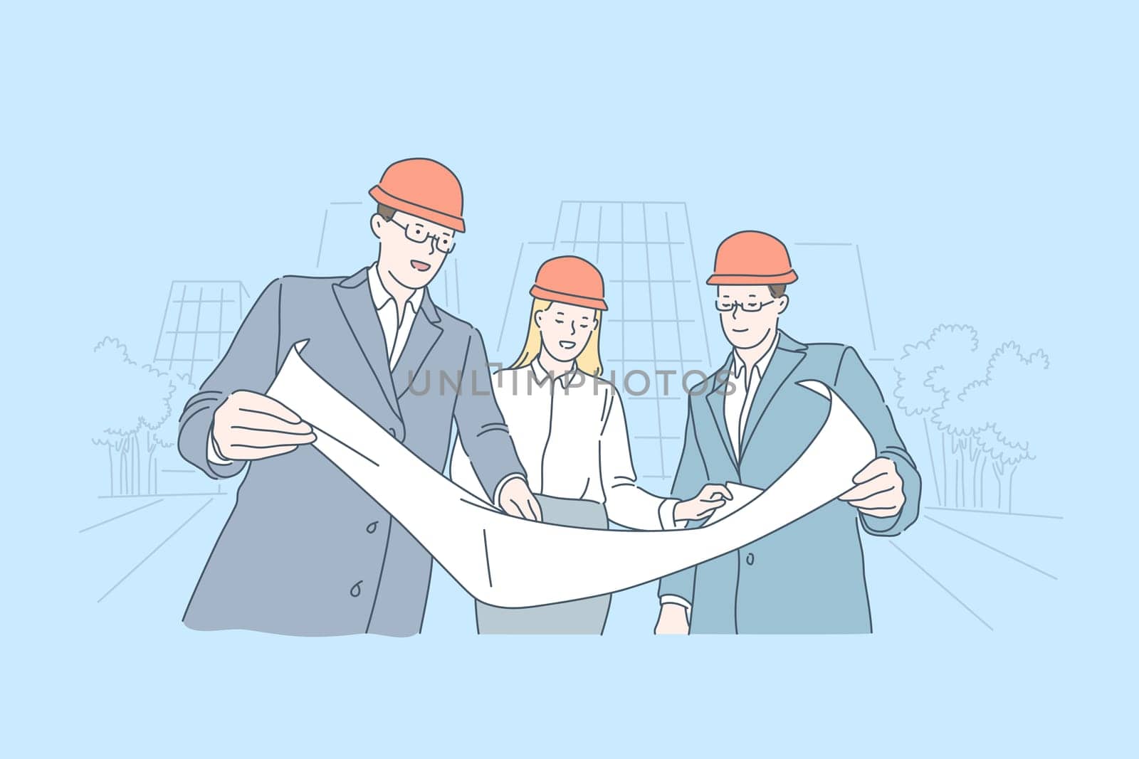 Industrial business, building construction draft checking concept. Plant performance improvement, architect teamwork, partnership, businesspeople making plan together. Simple flat vector
