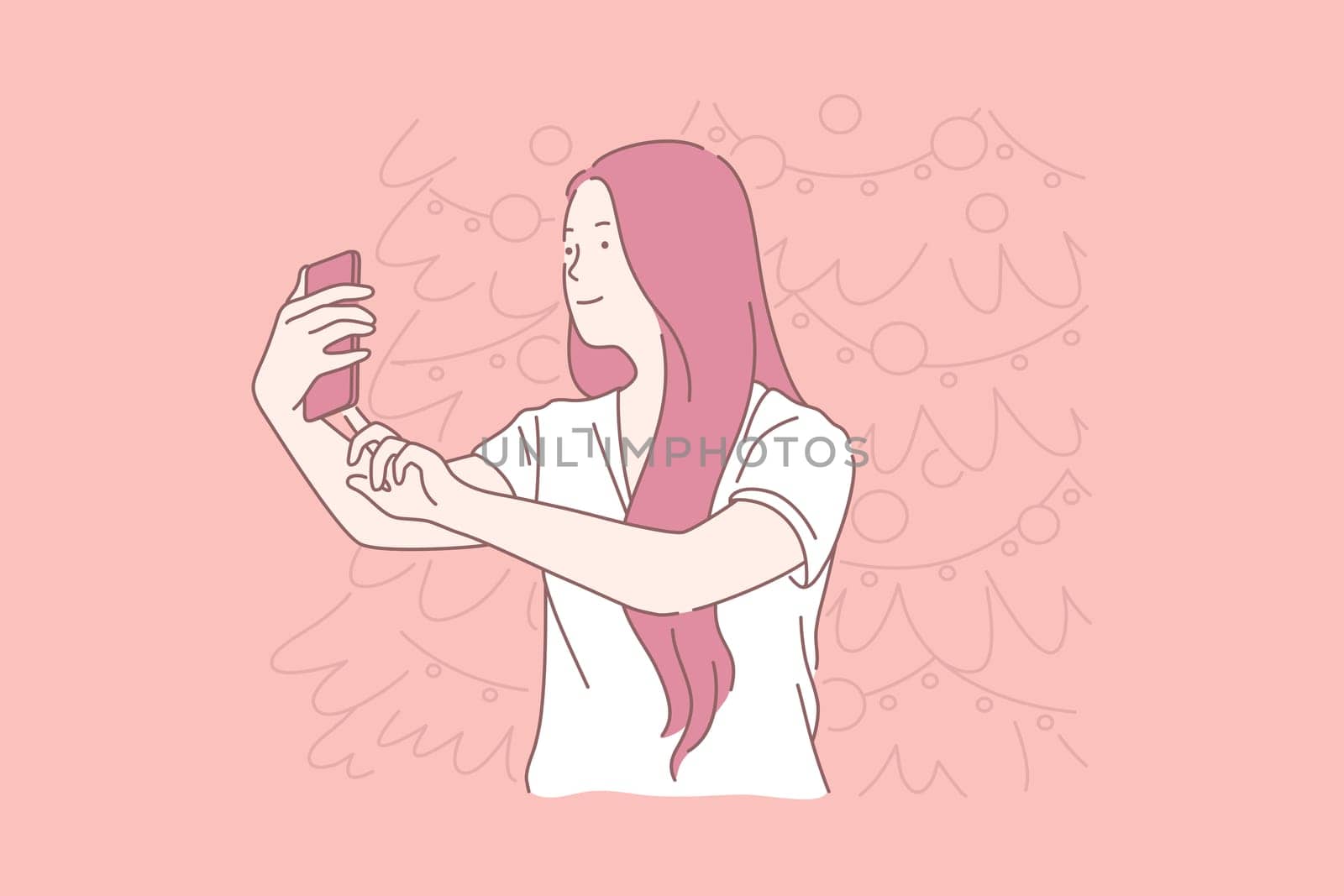 New Year selfie, woman taking pictures concept. Photographing with Christmas tree, profile picture for social networks, happy blogger, sharing photos, using smartphone. Simple flat vector