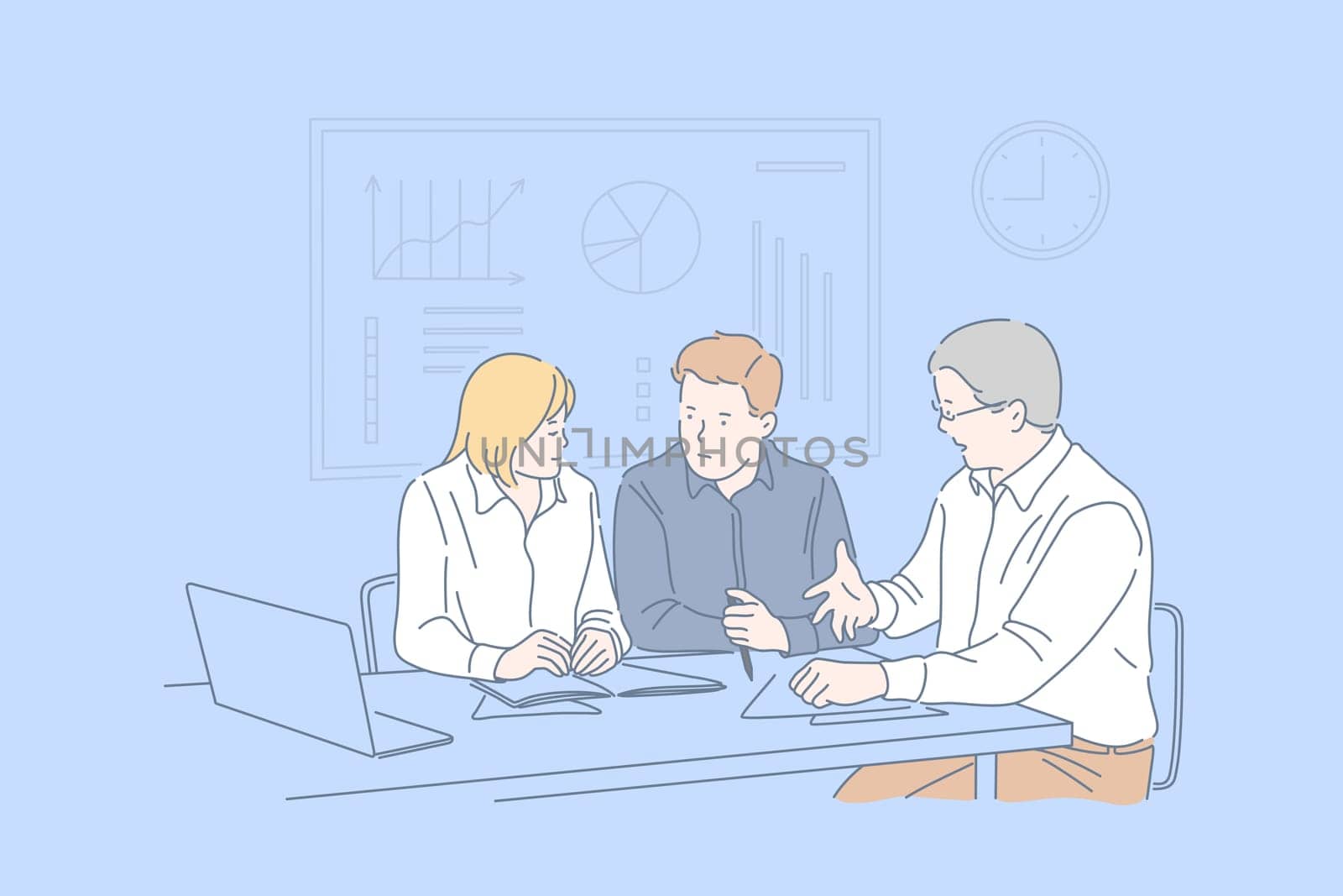Office meeting, business session, cooperation, teamwork concept. Planning work together, businesspeople, colleagues discussing question, coworkers making common decision. Simple flat vector