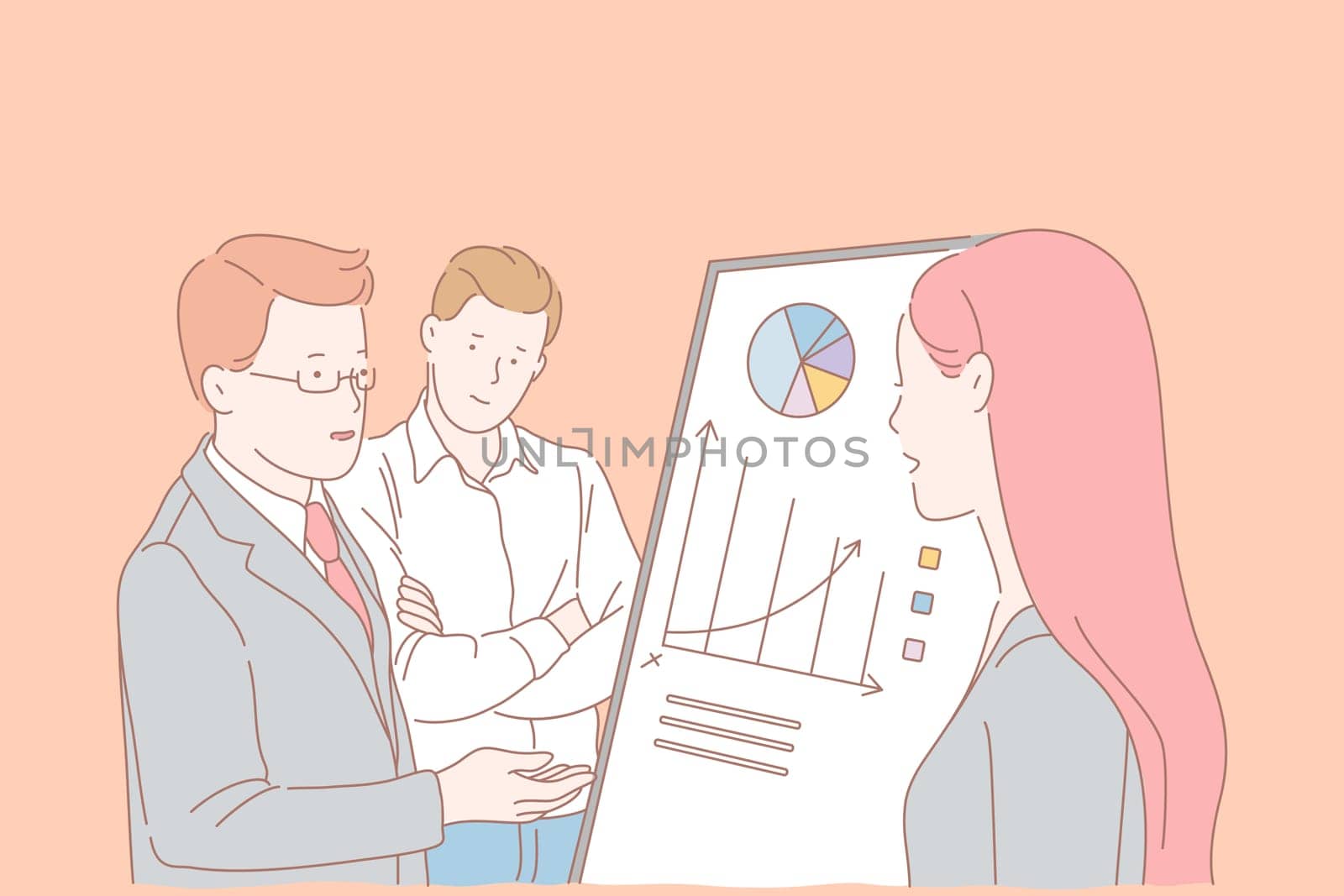 Analytics department meeting, company staff cooperation concept. Teamwork, firm development ways search, colleagues studying statistics, making business plan together. Simple flat vector