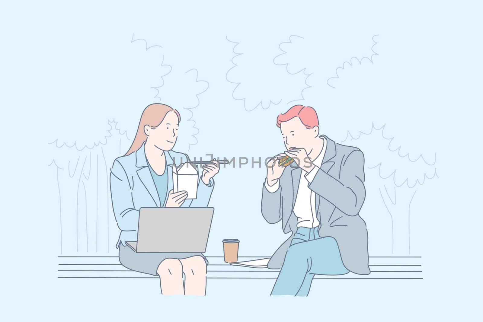 Busy employees meal time concept. Colleagues having meal together, office workers at lunch break, quick snack, co-workers eating fast food, working with computer at lunch time. Simple flat vector