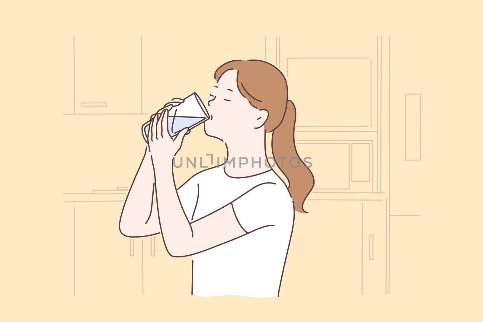 Healthy lifestyle, healthcare, diet concept. Young woman drinking thirst quenching. Thirsty girl holding glass with refreshment drink, teenager staying hydrated after training. Simple flat vector