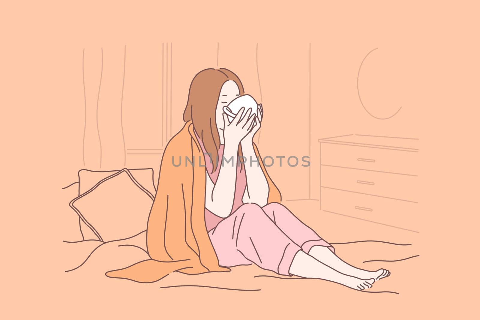 Illness, home treatment, sick leave concept. Young girl with warm teacup, coffee cup, wrapping up in blanket, sick woman in bed, drinking remedy, taking medication. Simple flat vector