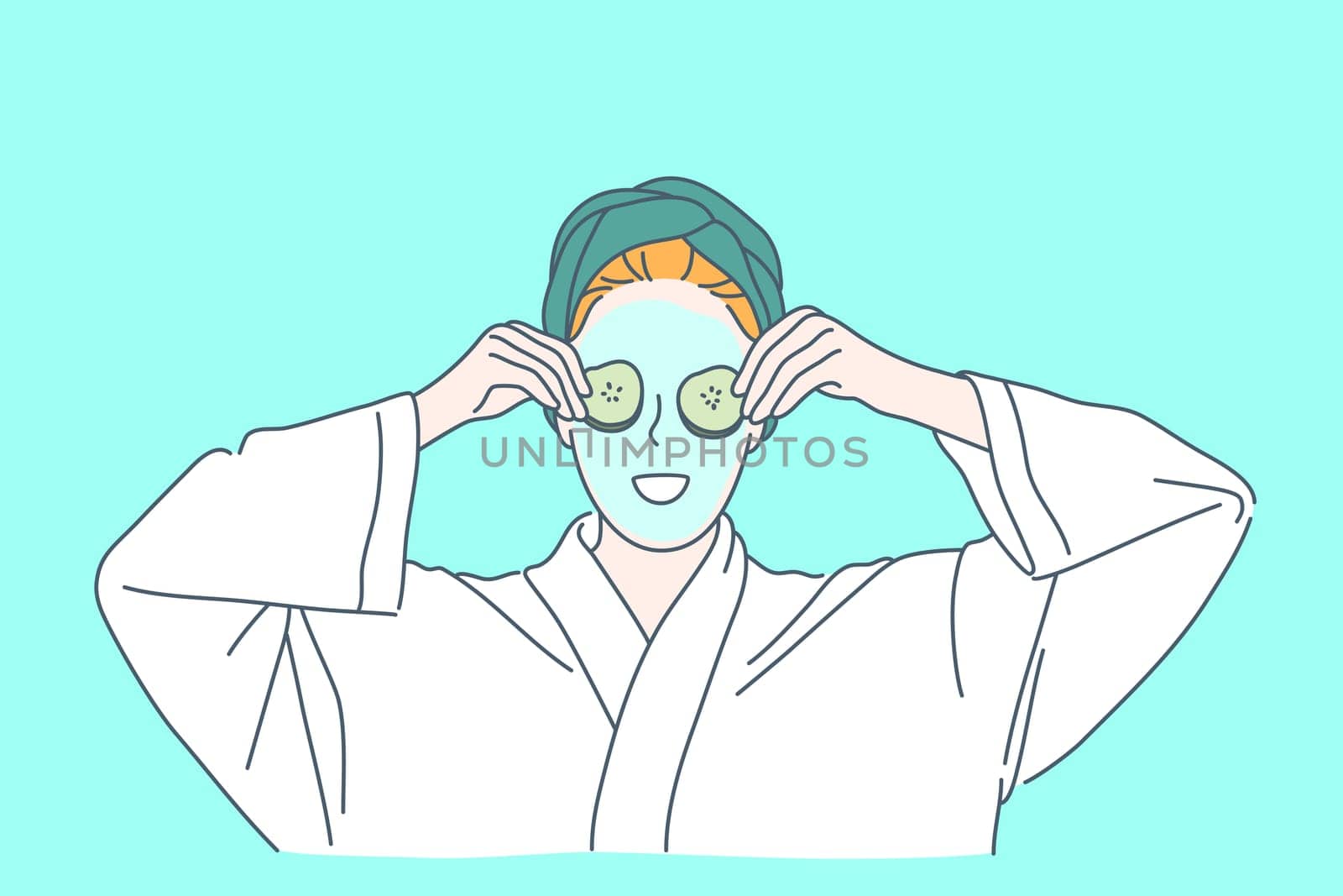 Skincare, face mask, anti-aging care concept. Skin problem solving, beauty, relax, cosmetology procedure, young woman using natural cosmetic product, eco face cream. Simple flat vector