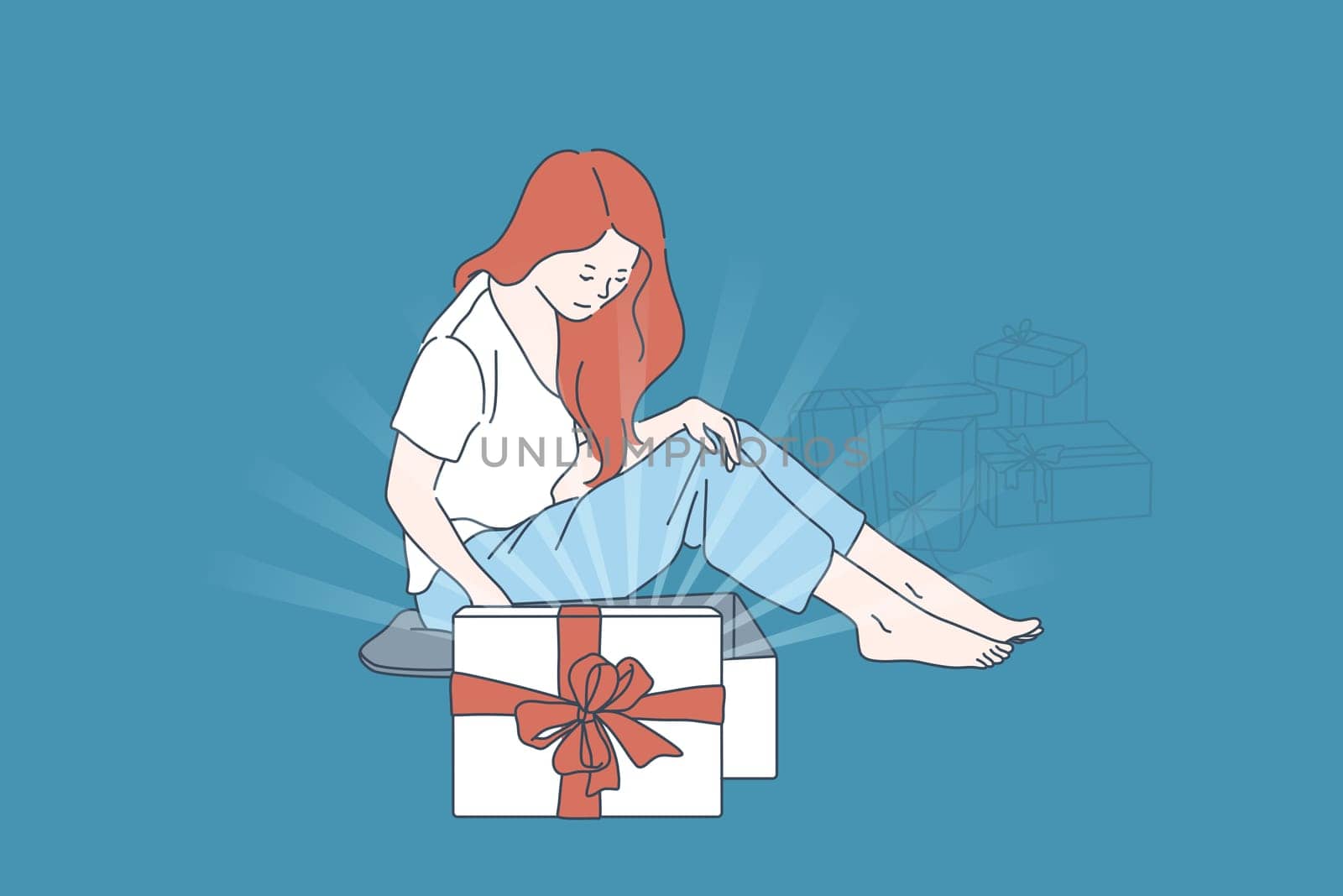 Gift unpacking, surprise satisfaction concept. Opening gift boxes, Bday mood, expectation rejoicing, glad birthday girl with packed presents pile, happy young woman. Simple flat vector