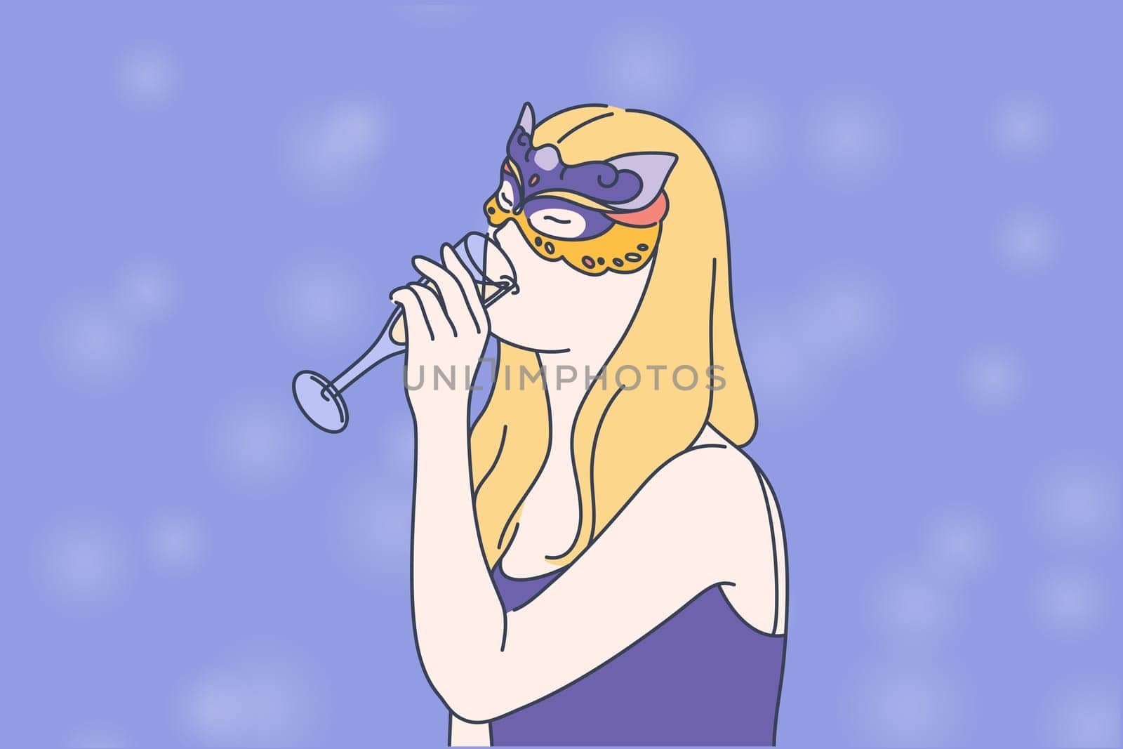 Modern fancydress ball, holiday creative celebration concept. New Year, Birthday costume party, masquerade, entertainment, young woman wearing mask, drinking champagne. Simple flat vector