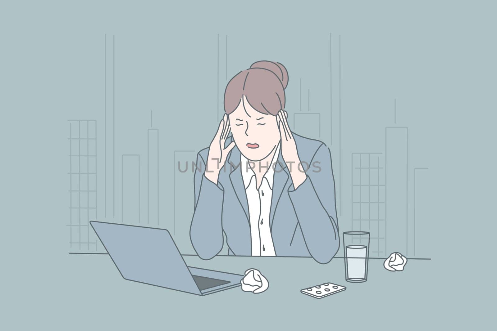Stress, business, brainstorming, migraine concept. Young tired woman, businesswoman in depression has problems, headache. Sick ladys worried about troubles in the office. Pressure. Flat simple vector.