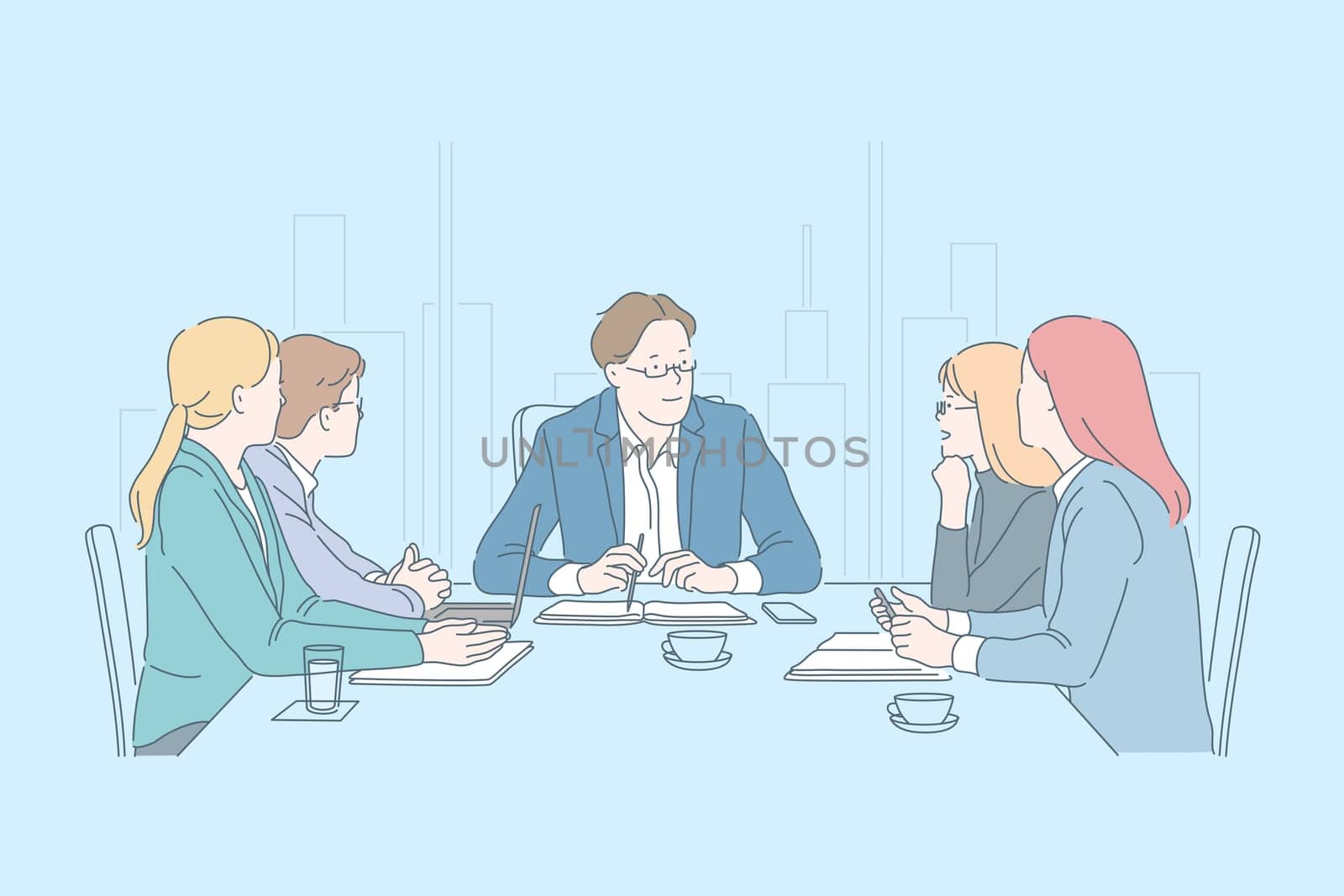 Business, teamwork, together, meeting concept. Young people businessman, businesswoman leadership plan strategy, agree on decision, analyze project. Question journalists. Startup. Flat simple vector.