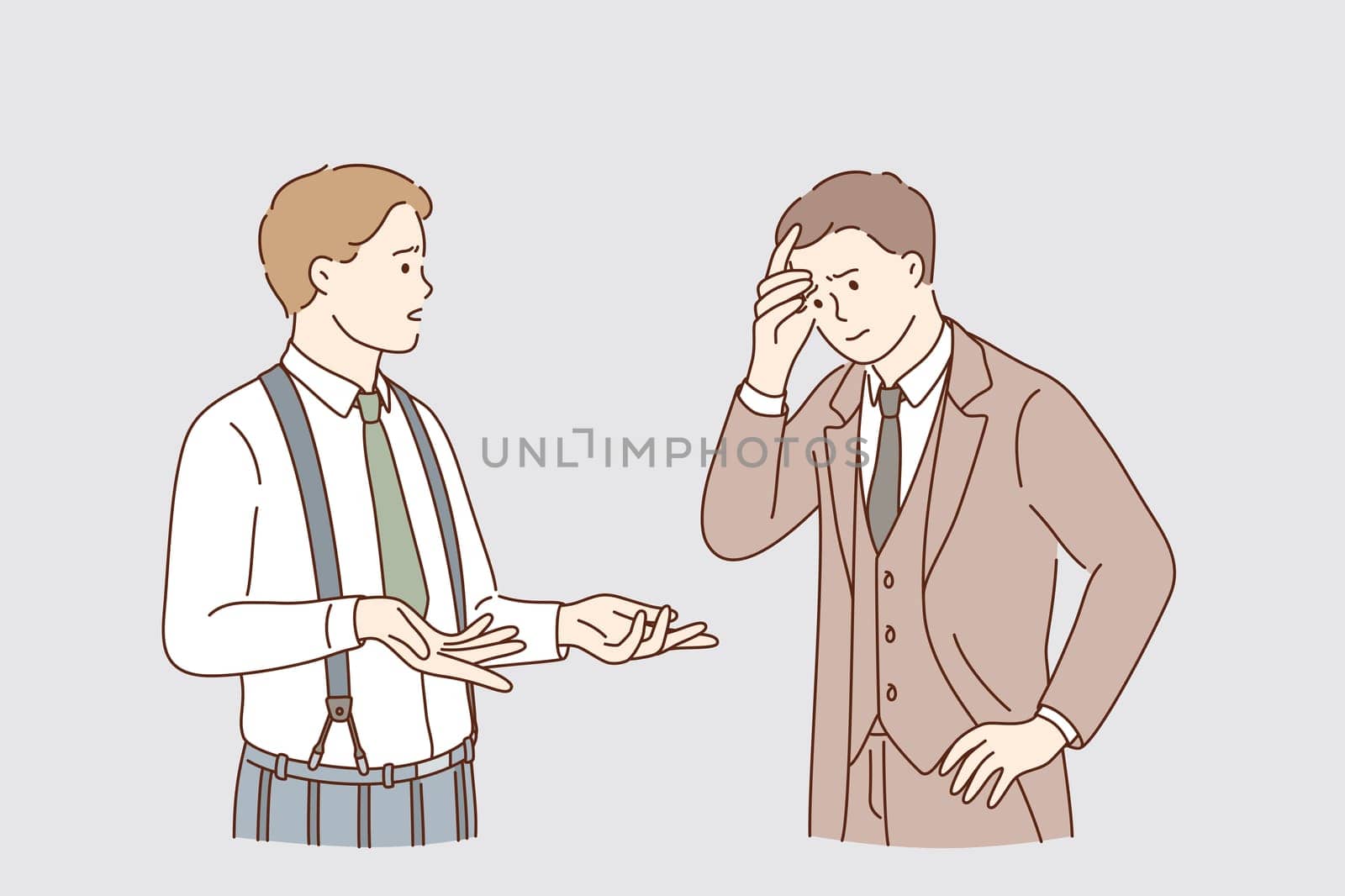 Business analyze and Communication concept. Young businessmen colleagues workers standing and talking discussing things chatting about problems communicating vector illustration
