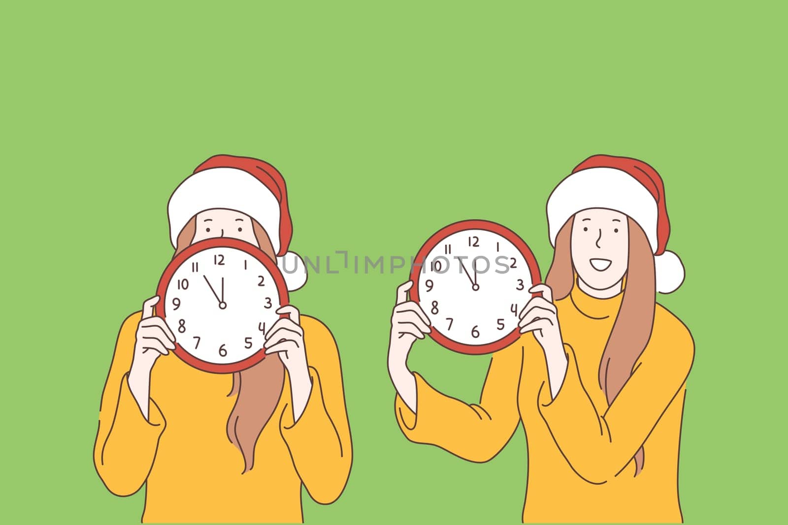 New year, Christmas, time, holiday eve concept. Joyful, happy teen girl in Santa hat is holding watch, five minutes to midnight. Young woman, lady in good mood waiting for the fun. Flat simple vector.