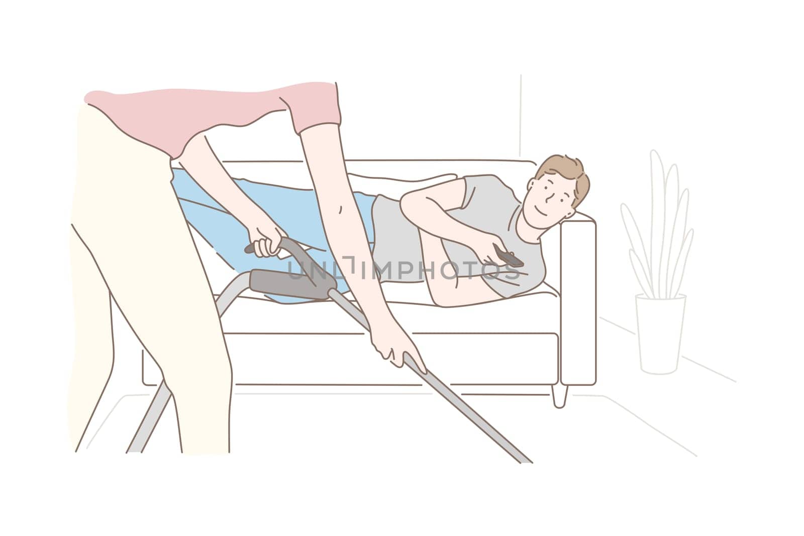 Family, service, domestic, cleanness concept. Young man,husband lying on couch while his wife do housework. Son is resting after school, mother cleans the room. Cohabitation. Flat simple vector.