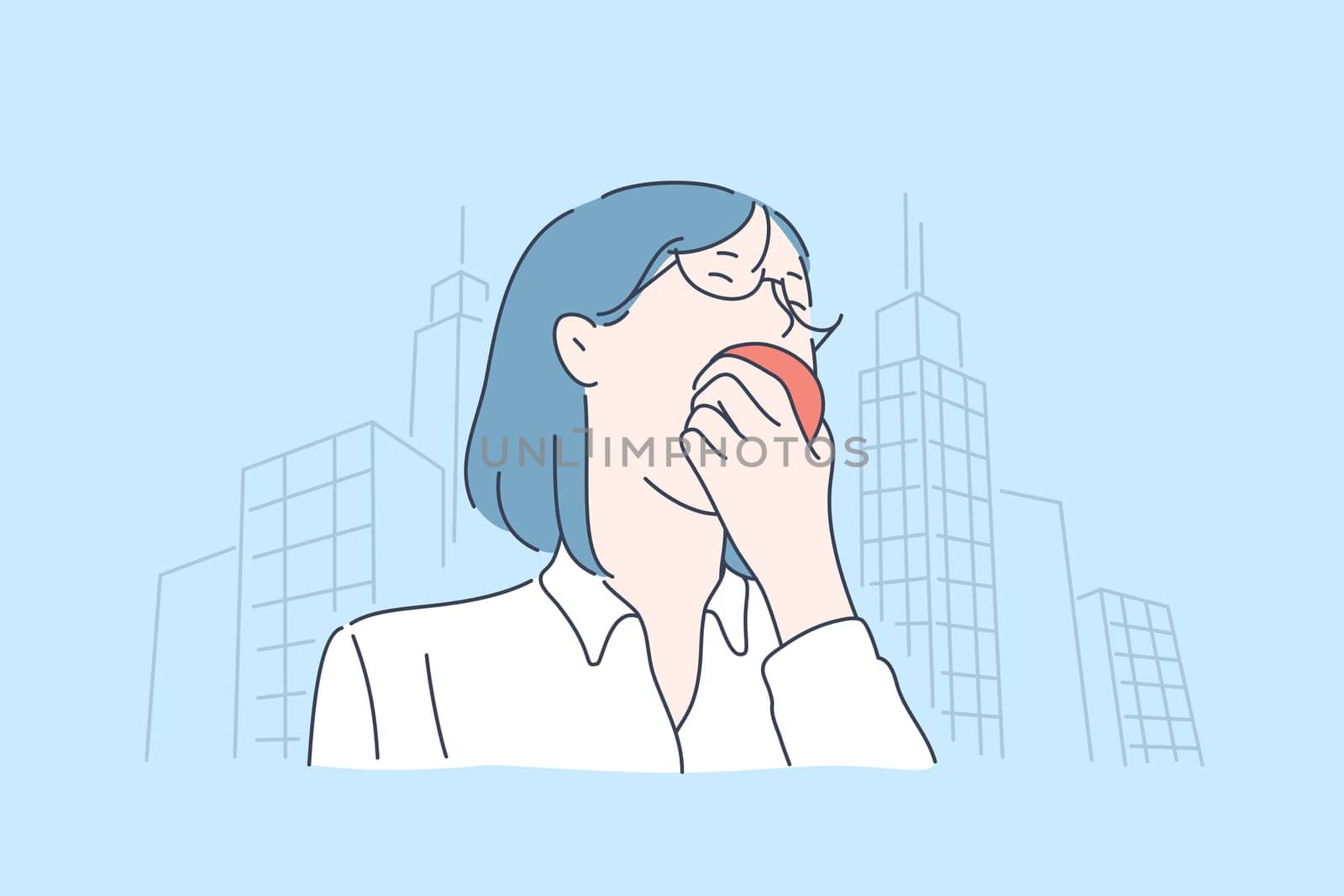 Food, healthy, lunch, hunger, business concept. Young hungry girl or woman, businesswoman eating apple for Breakfast. Busy lady, a student chooses a healthy meal. Vegetarianism. Flat simple vector.