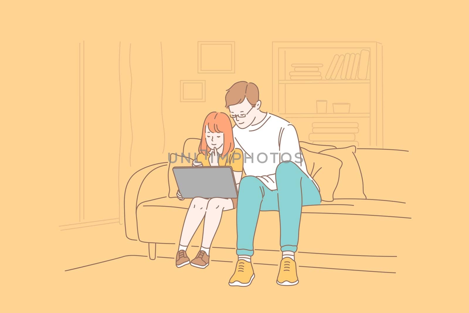 Fathers day, family, fatherhood, care, together learning concept. Happy enthusiastic father and daughter spend leisure time shopping online. Dads love for the child, parental hugs. Flat simple vector.