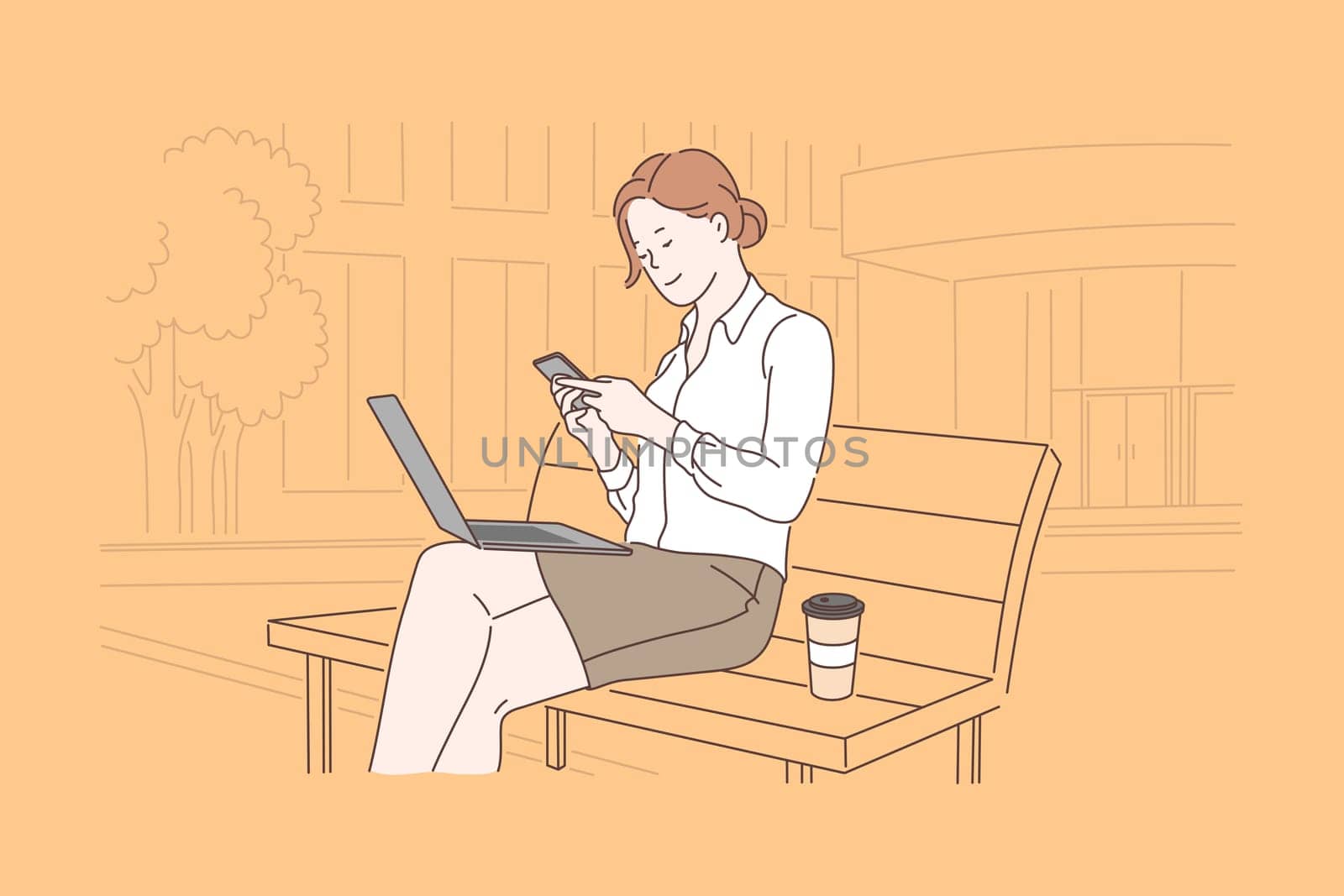 Business, communication, lunch, freelance concept. Young happy with a smile woman, businesswoman resting during breakfast. Successful girl, office worker or blogger. Online negotiations. Flat vector.