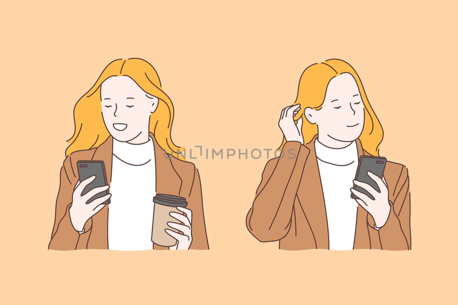 Gadget dependence, keeping in touch concept. Smartphone features using, social networking service, businesswoman reading and writing message, blogger sharing photos. Simple flat vector