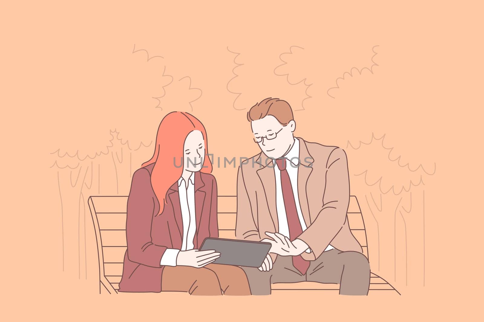 Business, teamwork, proposal concept. Young contented man,woman met to negotiate or consider new ideas. Successful Businessmen, Businesswomen, colleagues, partners create project. Flat simple vector.