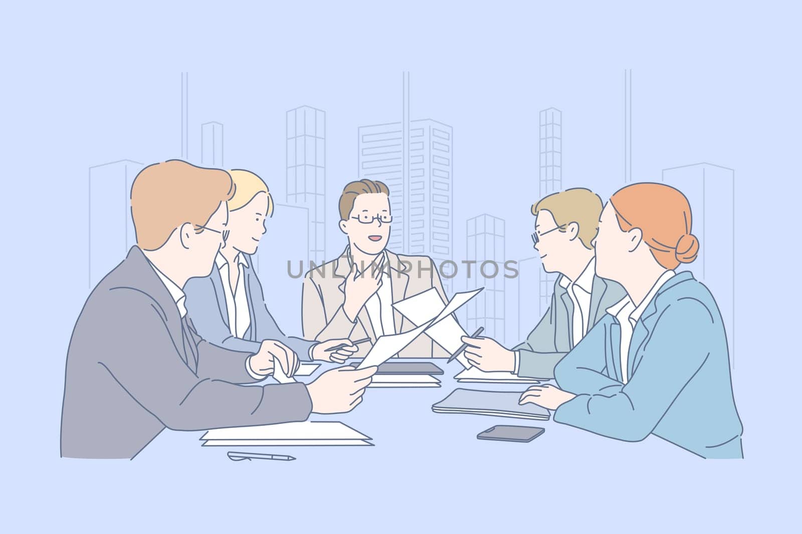 Teamwork, meeting, cooperation, business concept. Young men and women, businessmen make an important decision for the company. Office clerks or management plans development. Jury. Flat simple vector.