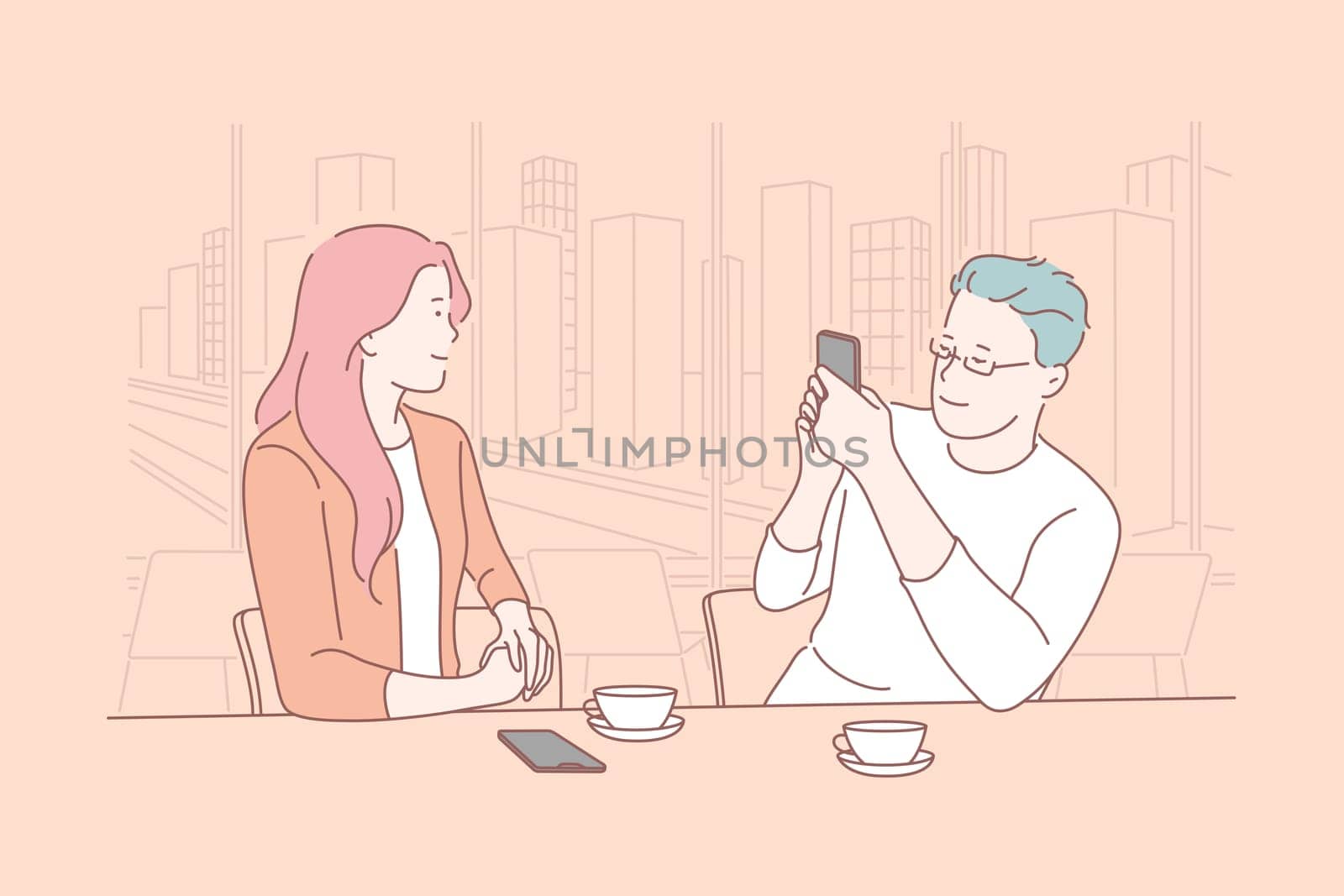 Business, interview, advertising, blog concept. Young man and woman met in lunch talks in informal setting. Journalist conducts survey at successful businesswoman during breakfast. Flat simple vector.