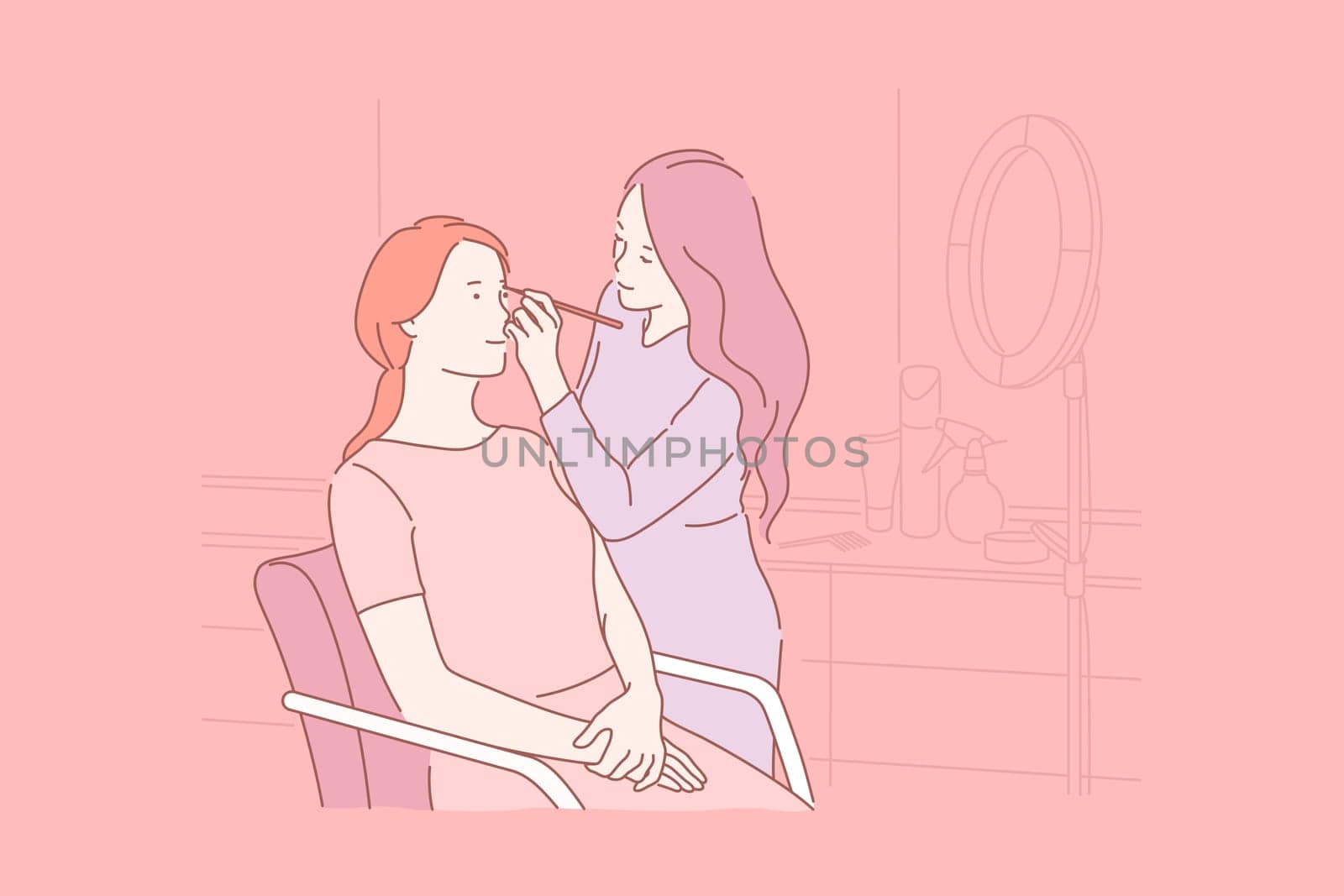 Care, beautiful, makeup, depilation concept. Young woman uses the services of makeup artist in beauty salon. Teenage girl loves to take care of appearance. Eyebrow correction. Flat simple vector.