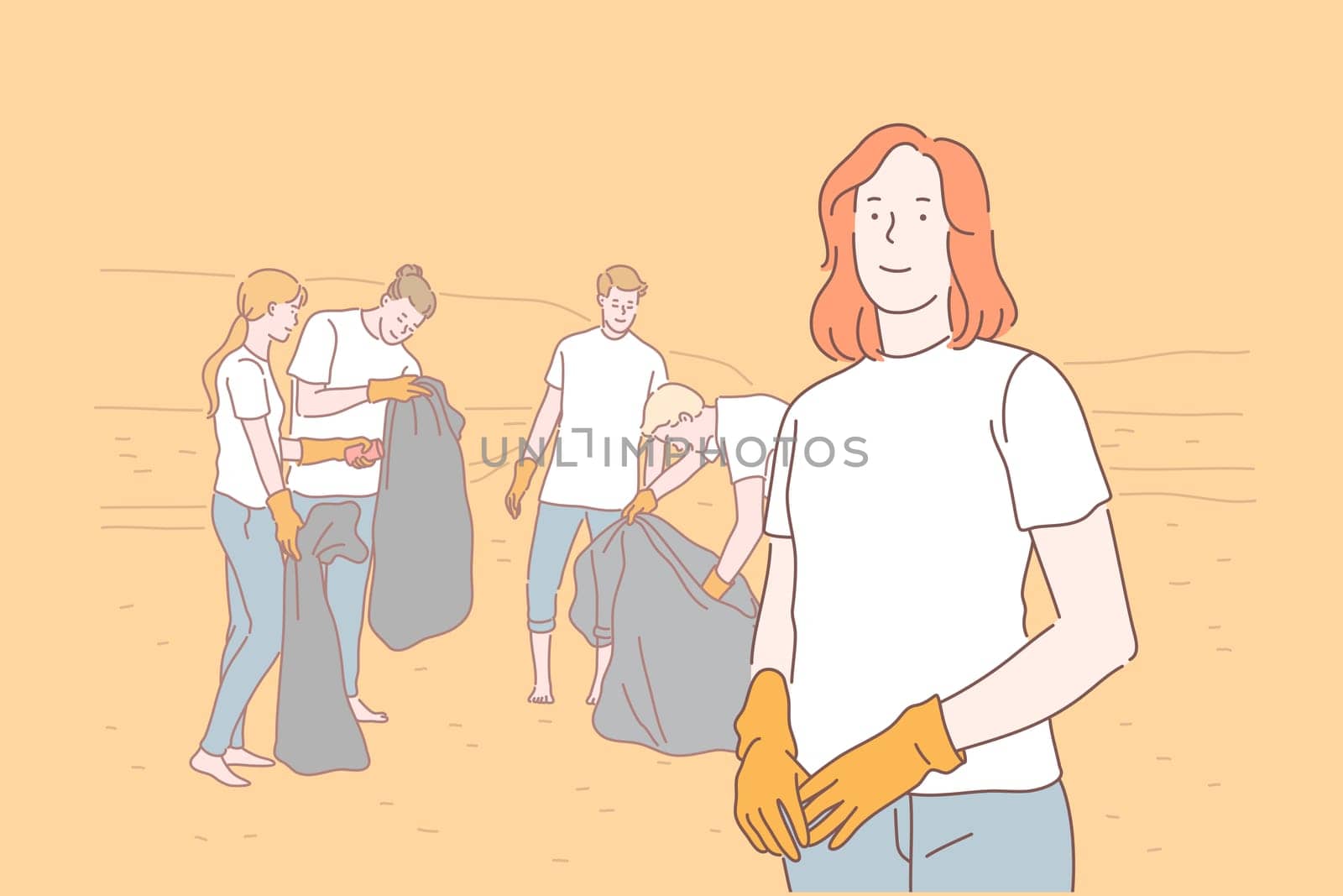 Volunteering, eco, environment, pollution concept. Young Enterprising responsible people, men and women or teenagers voluntarily clean territory. Boys and girls sorting garbage. Flat simple vector.