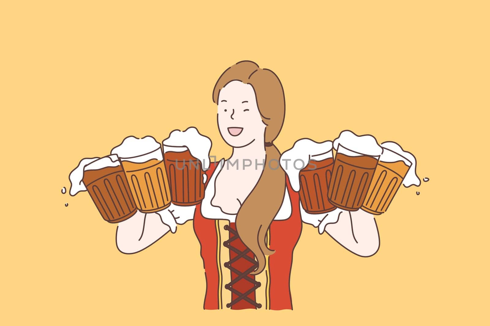Oktoberfest vector concept. Beautiful young girl holding serving big beer mugs. Woman wearing traditional Bavarian dress at beer party. Vector flat design.