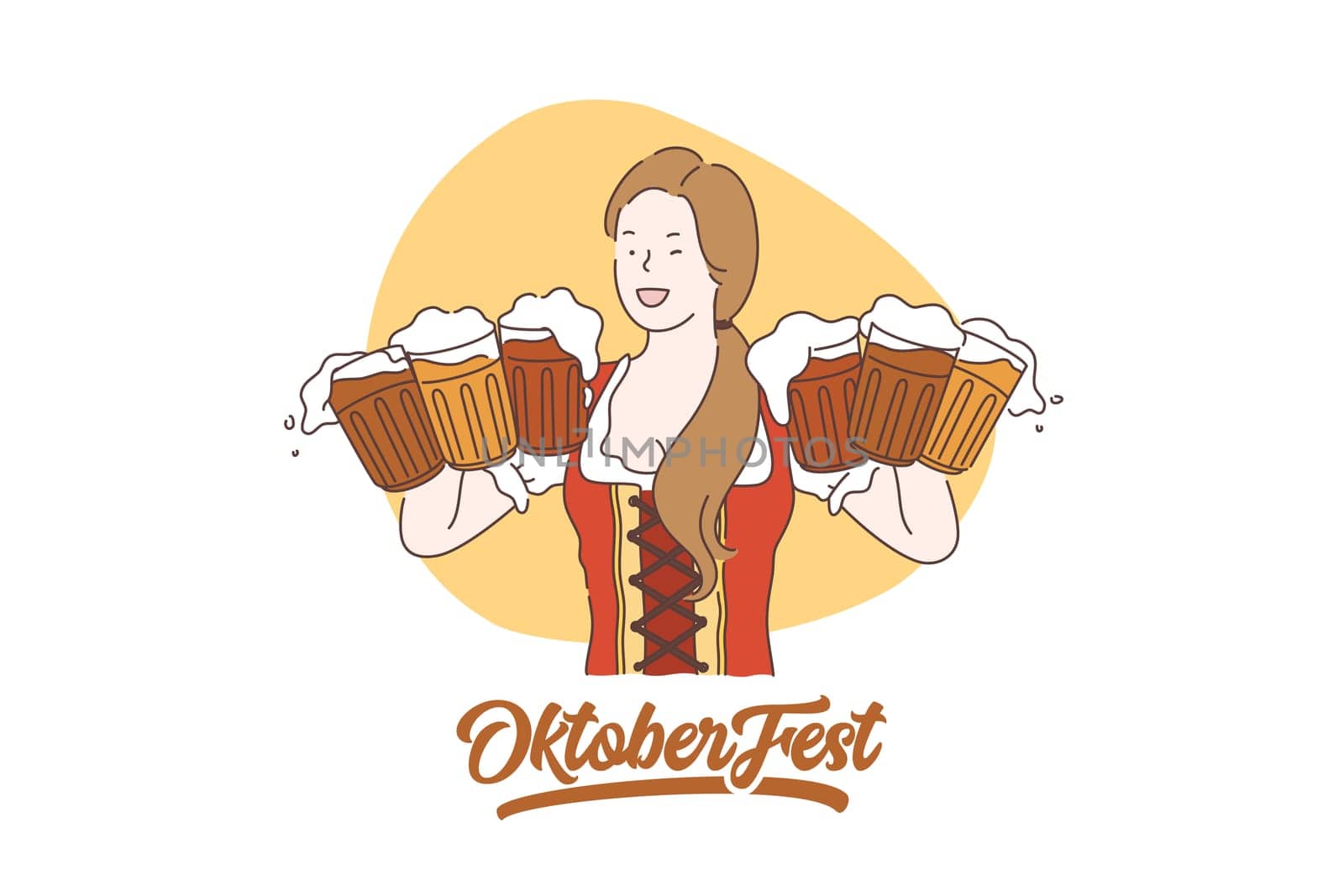 Oktoberfest vector concept. Beautiful young girl holding serving big beer mugs. Woman wearing traditional Bavarian dress at beer party. Vector flat design.