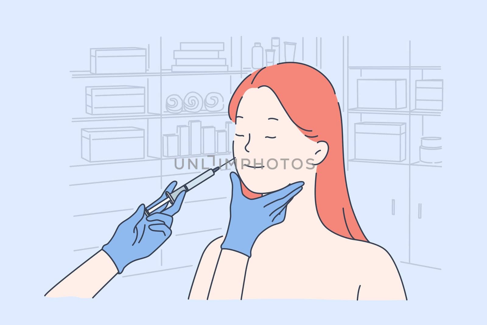 Cosmetology anti wrinkle procedure, beauty salon skincare and antiage therapy, beauty salon treatment concept. Cosmetologist making neurotoxin injection into woman face. Simple flat vector